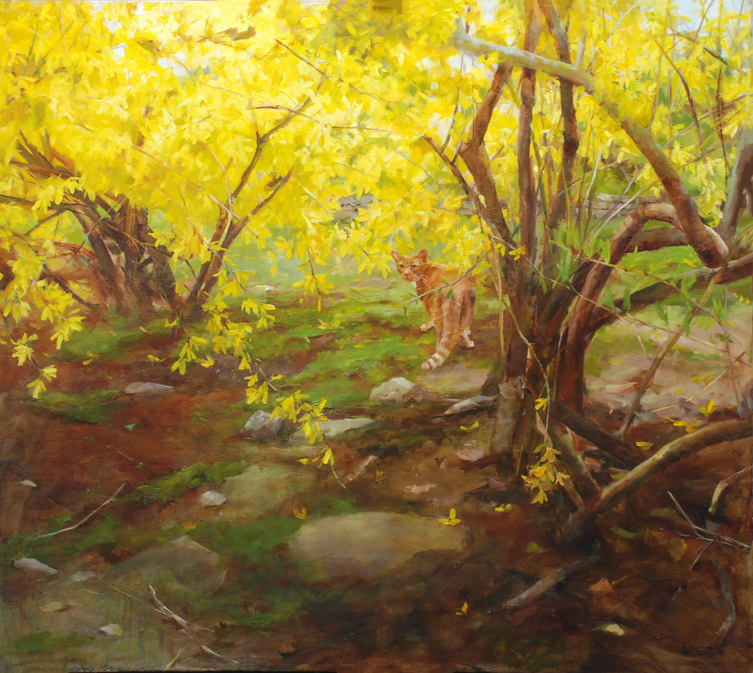 Kathy Anderson, Looking for Chili in the Forsythia, 36x32 in