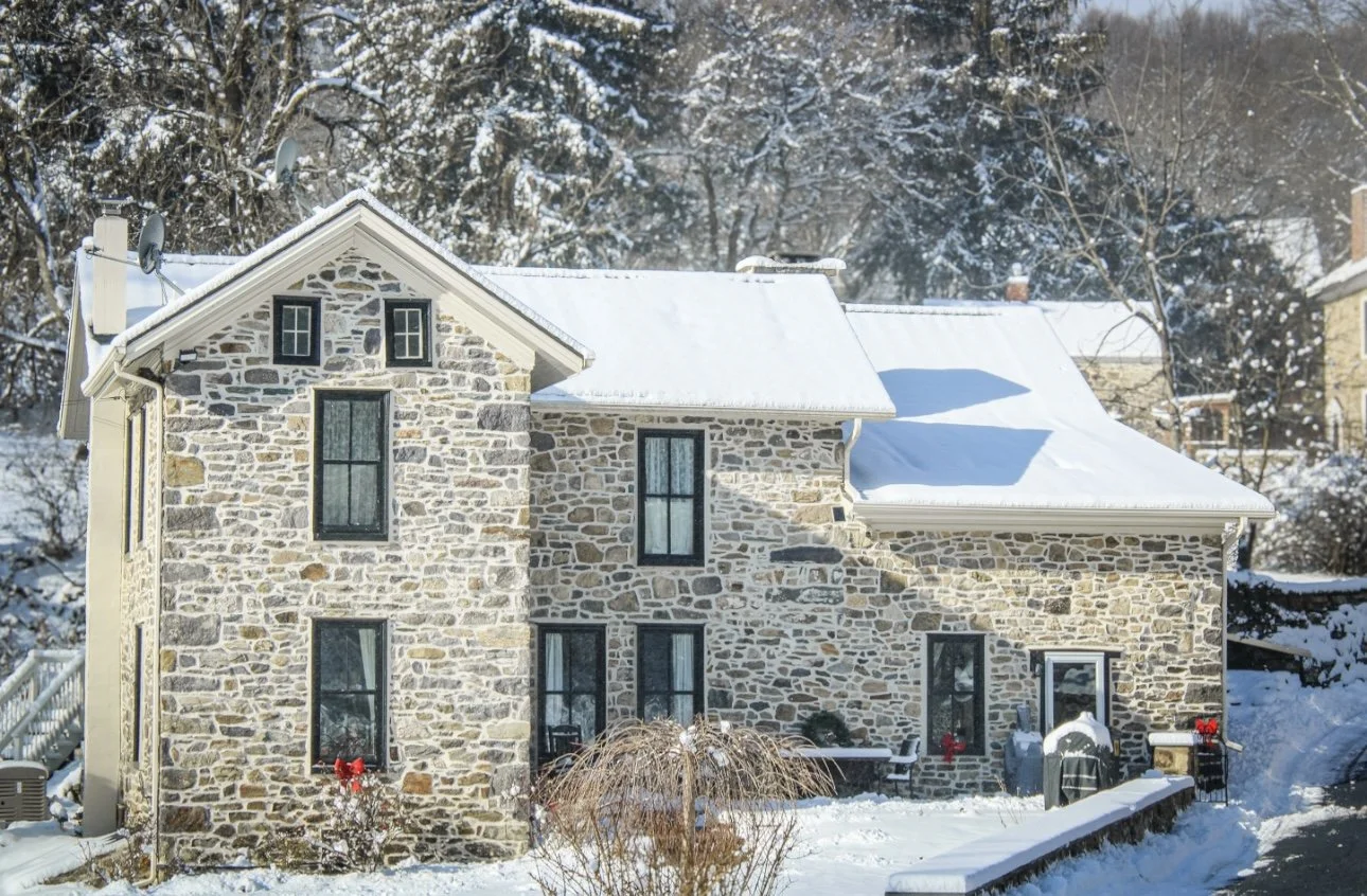 Repointed stone exterior, repointed interior stone fireplace, painted trim on all windows, installed copper flashing on all windows and doors