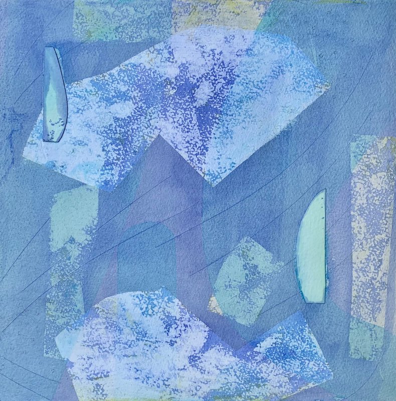  BLUE ECOSYSTEM, 2023, combined media on paper over wood panel, 13x13 inches. 