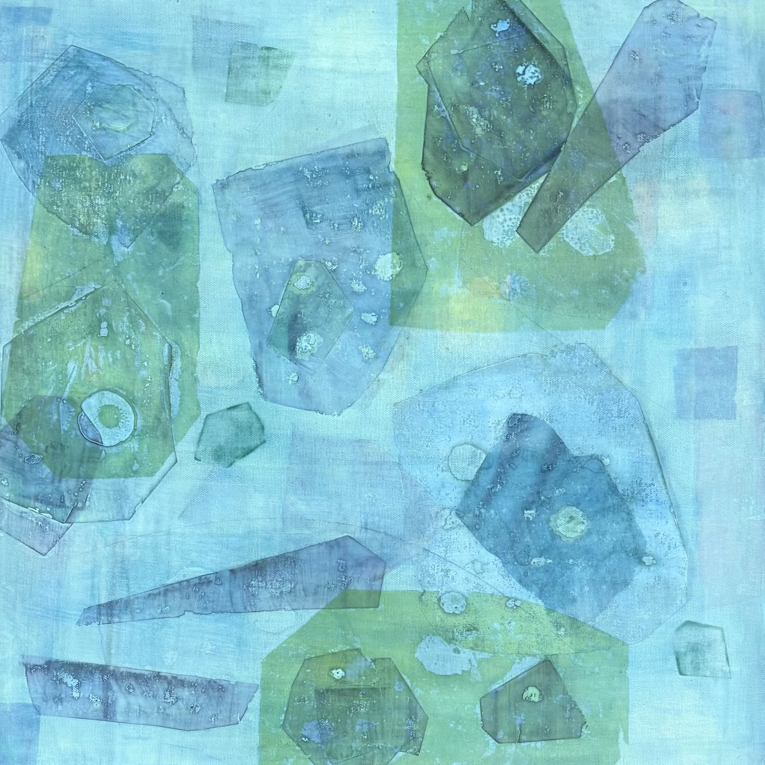 UNDER GREEN, 2025, combined media on canvas over wood, 20×20 inches.