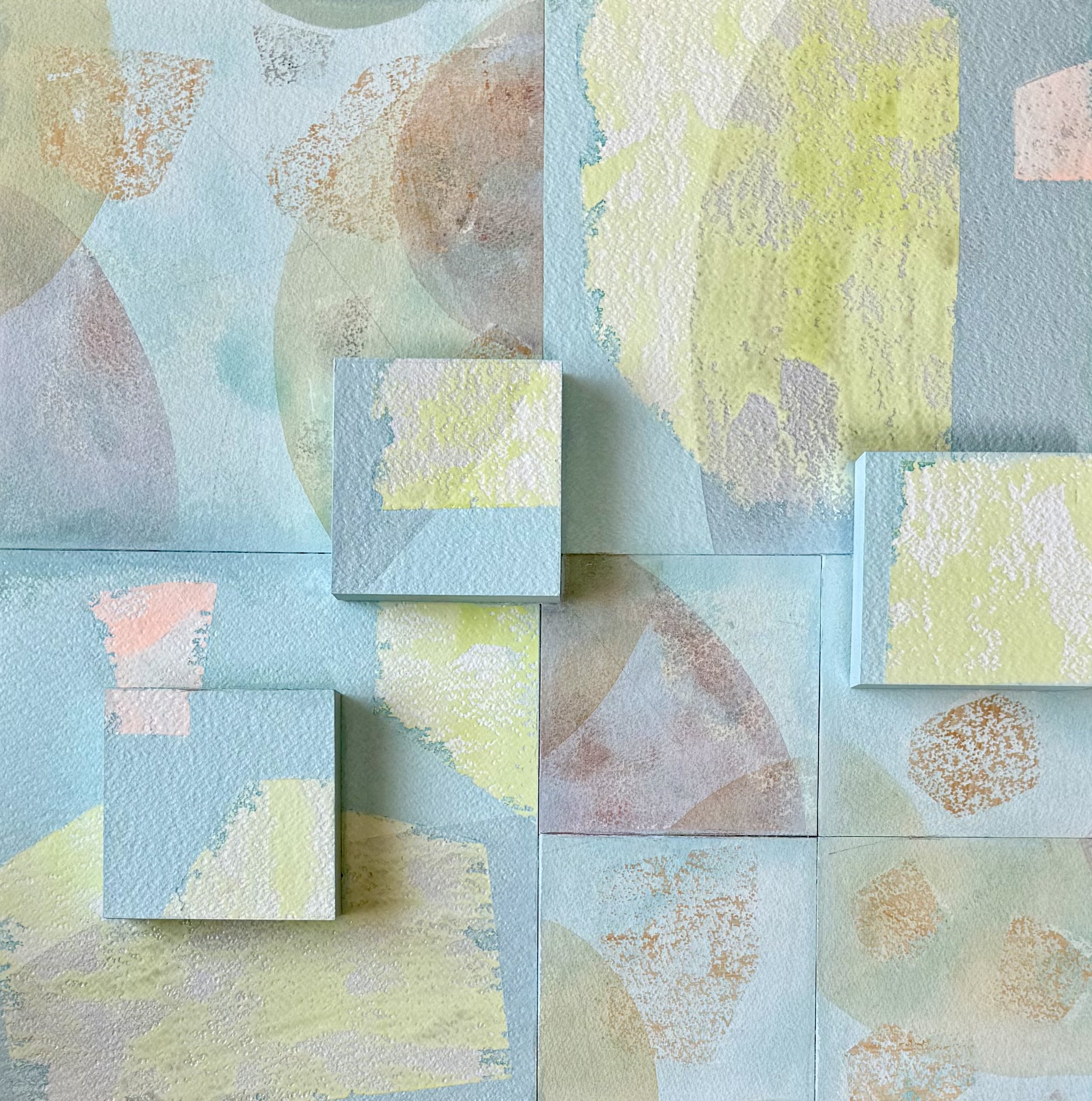 SHIFT OF GREEN, 2026, combined media on wood panels, 21.5 × 21.5 inches. 