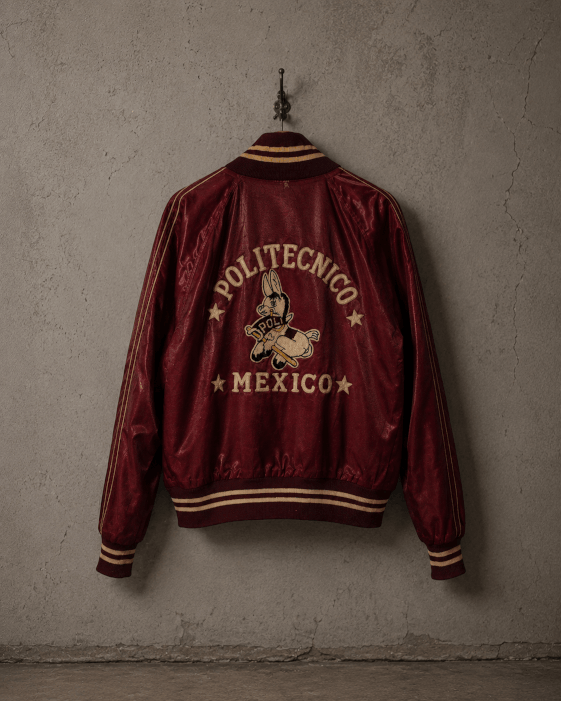 Red satin varsity jacket hanging on a hook with "POLITECNICO MEXICO" and a cartoon donkey embroidered on the back.