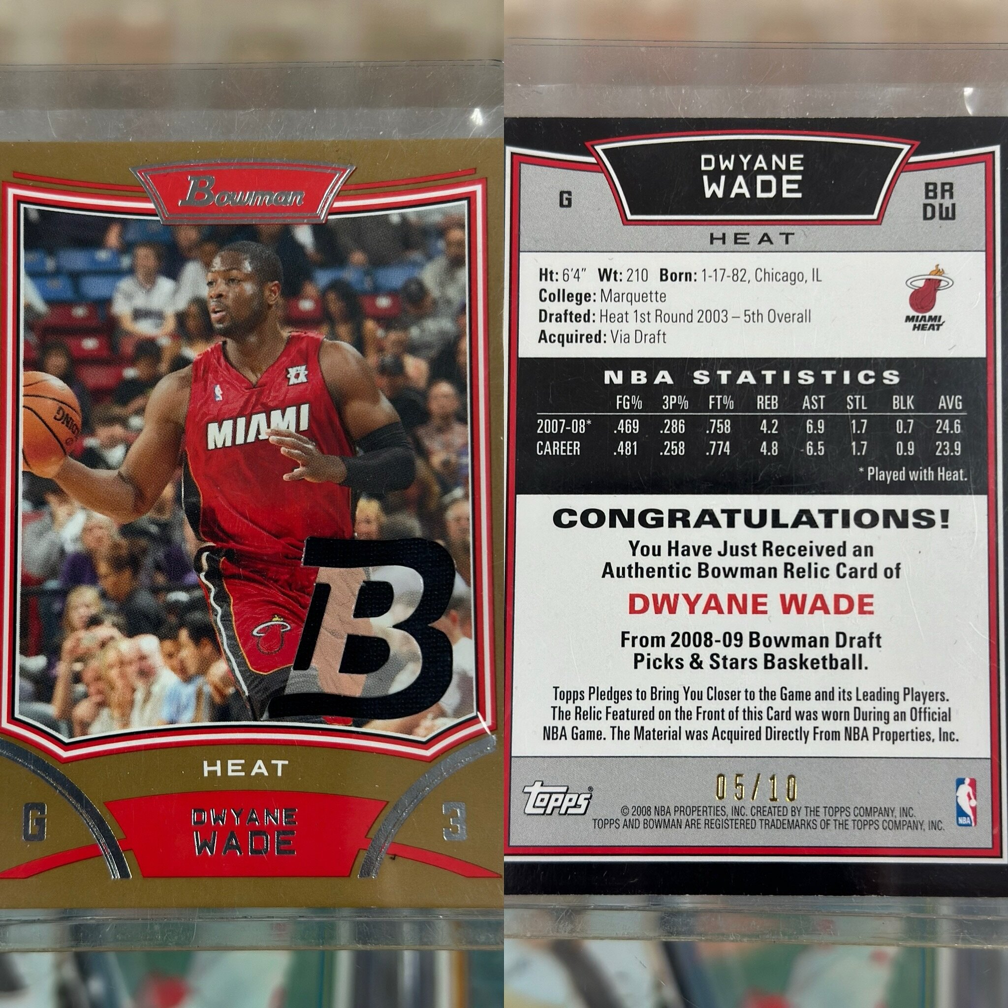 Not a card you ever see&hellip;&hellip;. Like ever! 
2008-09 @topps Bowman Draft picks and stars basketball GOLD relic of @dwyanewade to /10 🔥🔥

#dwyanewade #nba #miamiheat #lebronjames #basketball #miami #jimmybutler #heat #heatnation #dwade #bama