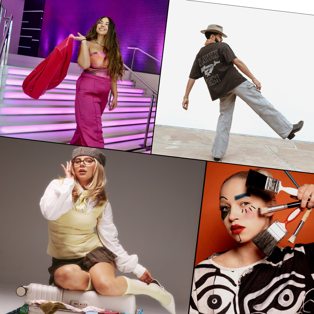 Collage of four people with different fashion styles: one woman with long hair in pink clothing on stairs, one person in casual streetwear with hat, one woman in vintage outfit with glasses sitting on a suitcase, and another woman with makeup brushes and artistic makeup background.