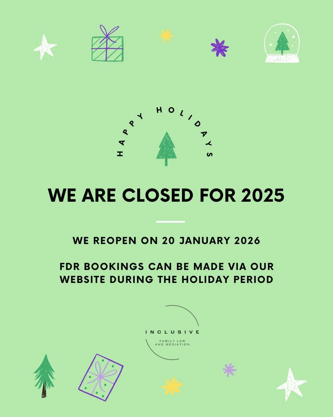 ⭐️CLOSED FOR 2025⭐️

Thank you to our clients and colleagues for your support in 2025. 

We are now taking a well-deserved break, reopening on 20 January 2026.

FDR bookings can be made via our website during the break. Enquiries will be responded to