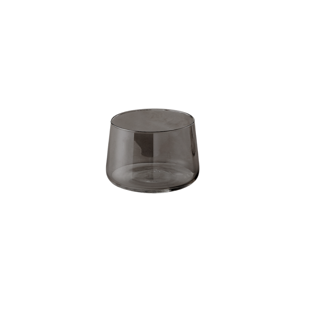 Clear glass bowl with rounded shape on a white background.