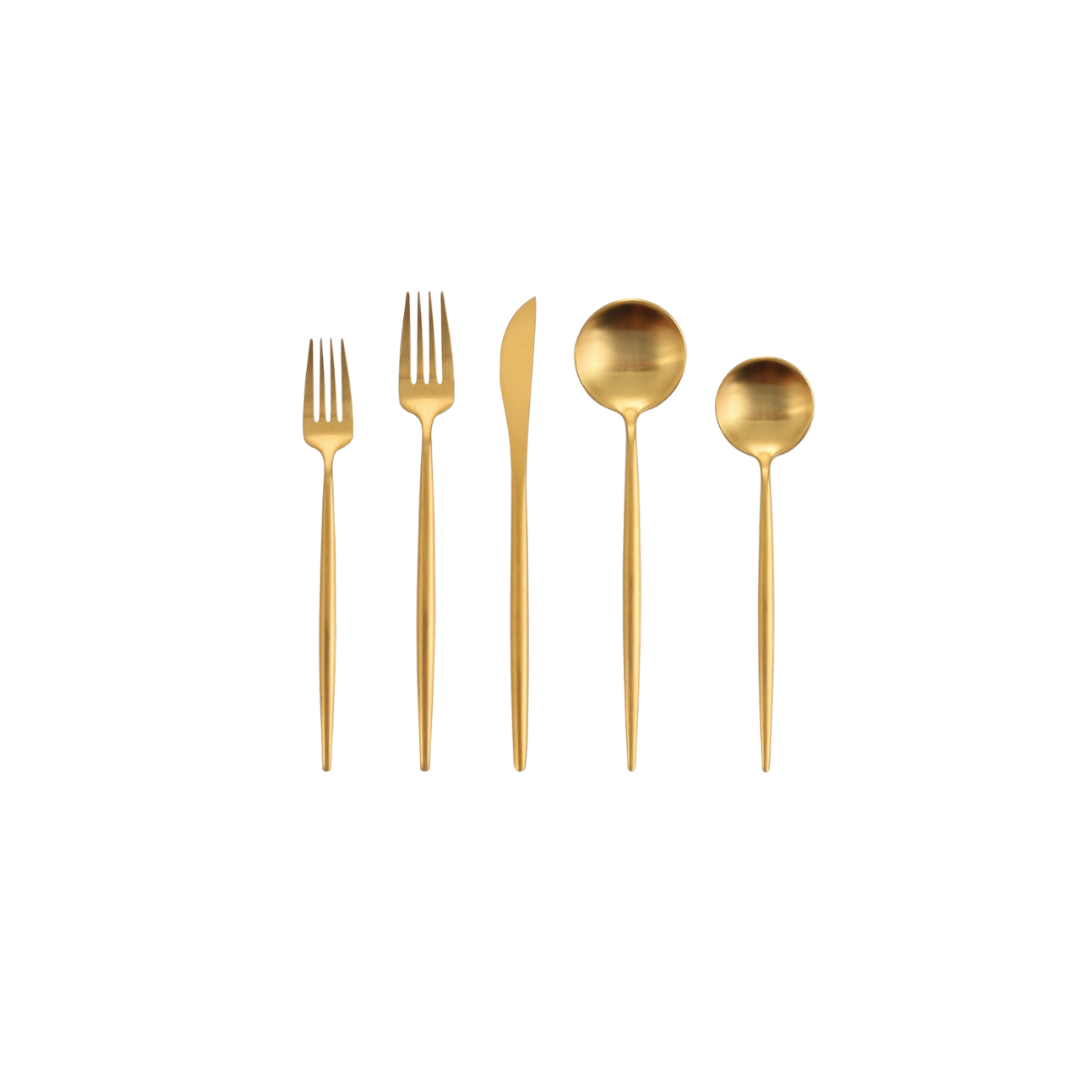 Gold cutlery set with two forks, a knife, and two spoons on a white background.