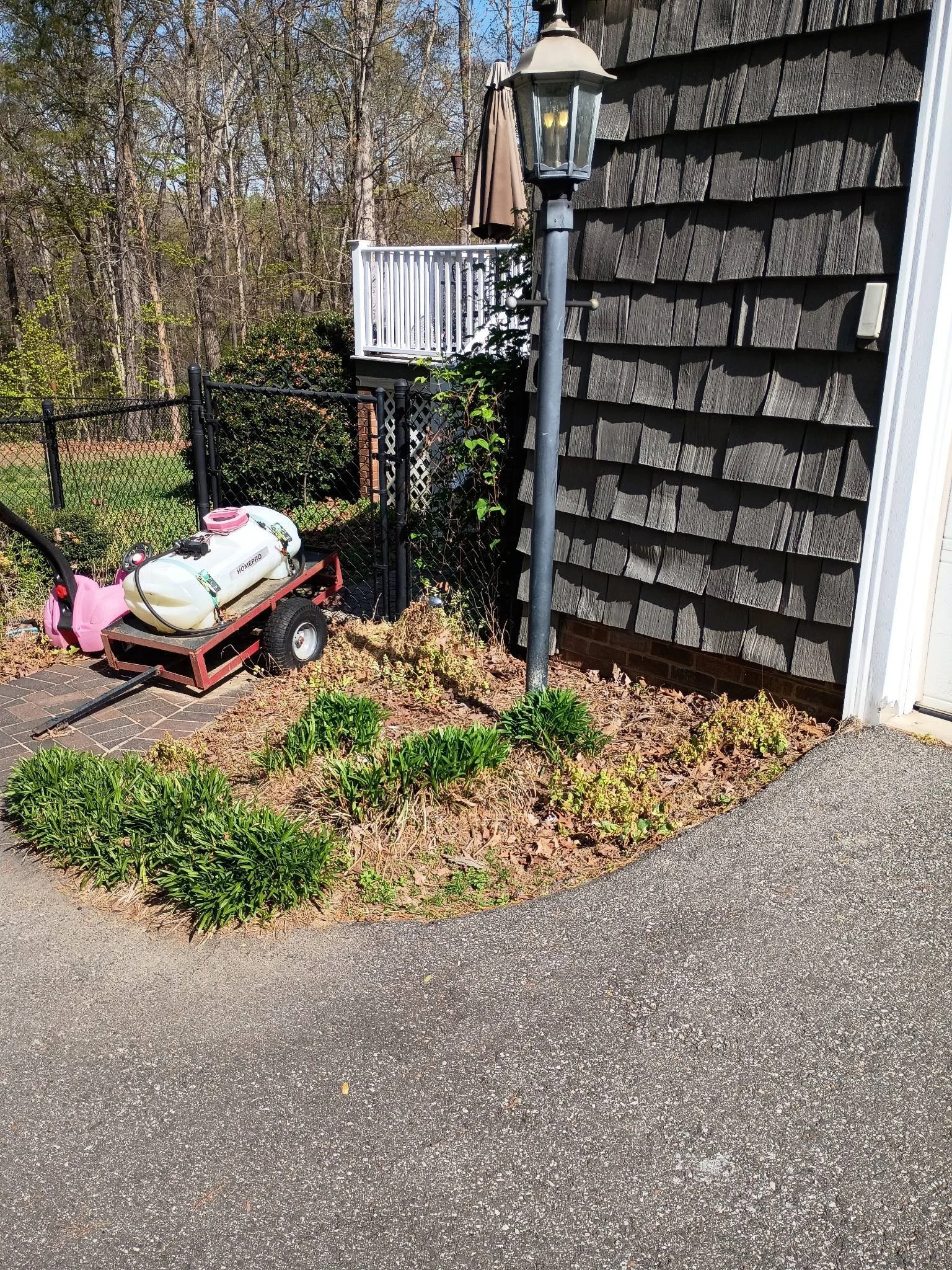 A small garden bed with green plants near the corner of a house with gray shingles, a black lamp post, and a paved driveway. A pink toy scooter with a white water tank is parked nearby, and a black picket fence and a backyard with trees and a white balcony are visible in the background.