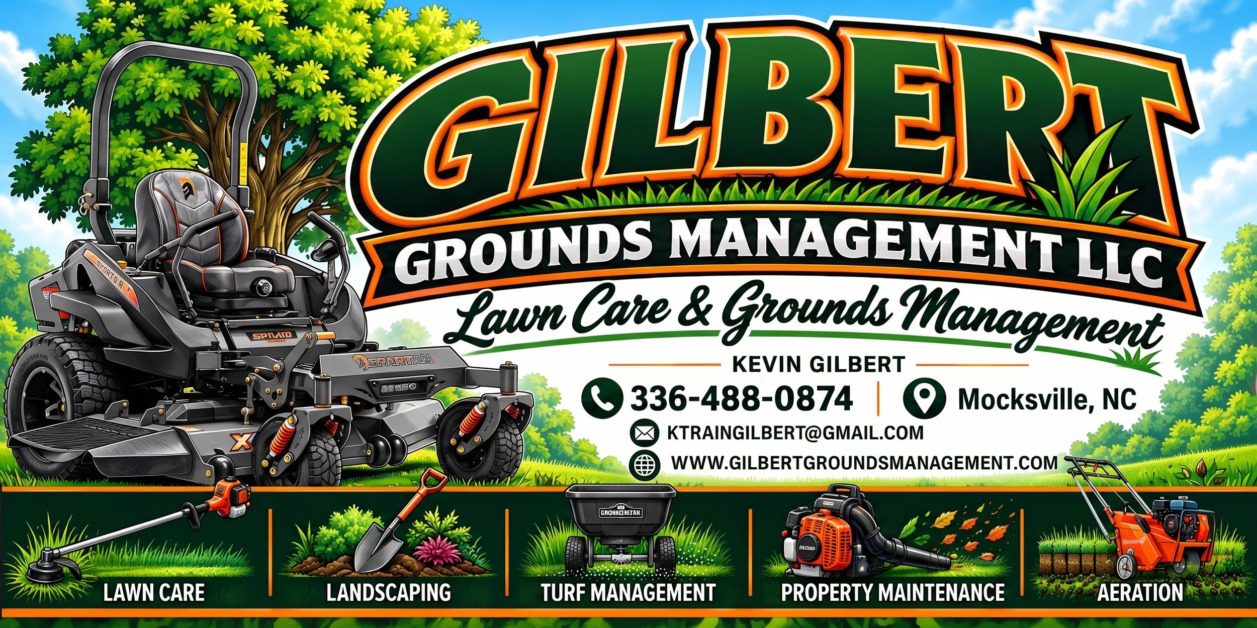 An advertisement for Gilbert Grounds Management LLC, showcasing lawn care and grounds maintenance services. The image features a large tree, a riding lawn mower, and various gardening tools and equipment, with contact information and location in Mocksville, North Carolina.