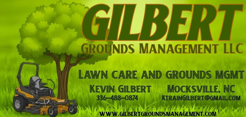 Business card for Gilbert Grounds Management LLC with a green background, a tree, a lawn mower, and contact details.
