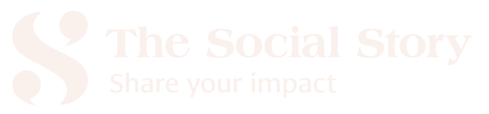 White logo featuring a stylised quotation mark, the text 'The Social Story' in bold, and 'Share your impact' below.