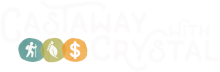 Logo for Casaway With Crystal in a playful font with travel, eco-friendly and budget icons below.
