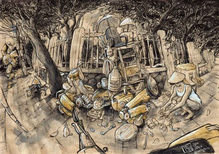 No one really knows how long this bike mechanic has been sitting at the Le Duan–Le Loi intersection. His entire world is stacked onto a battered cart, tools and belongings fused into one mobile universe, as if he lives on it. They say he once lived w