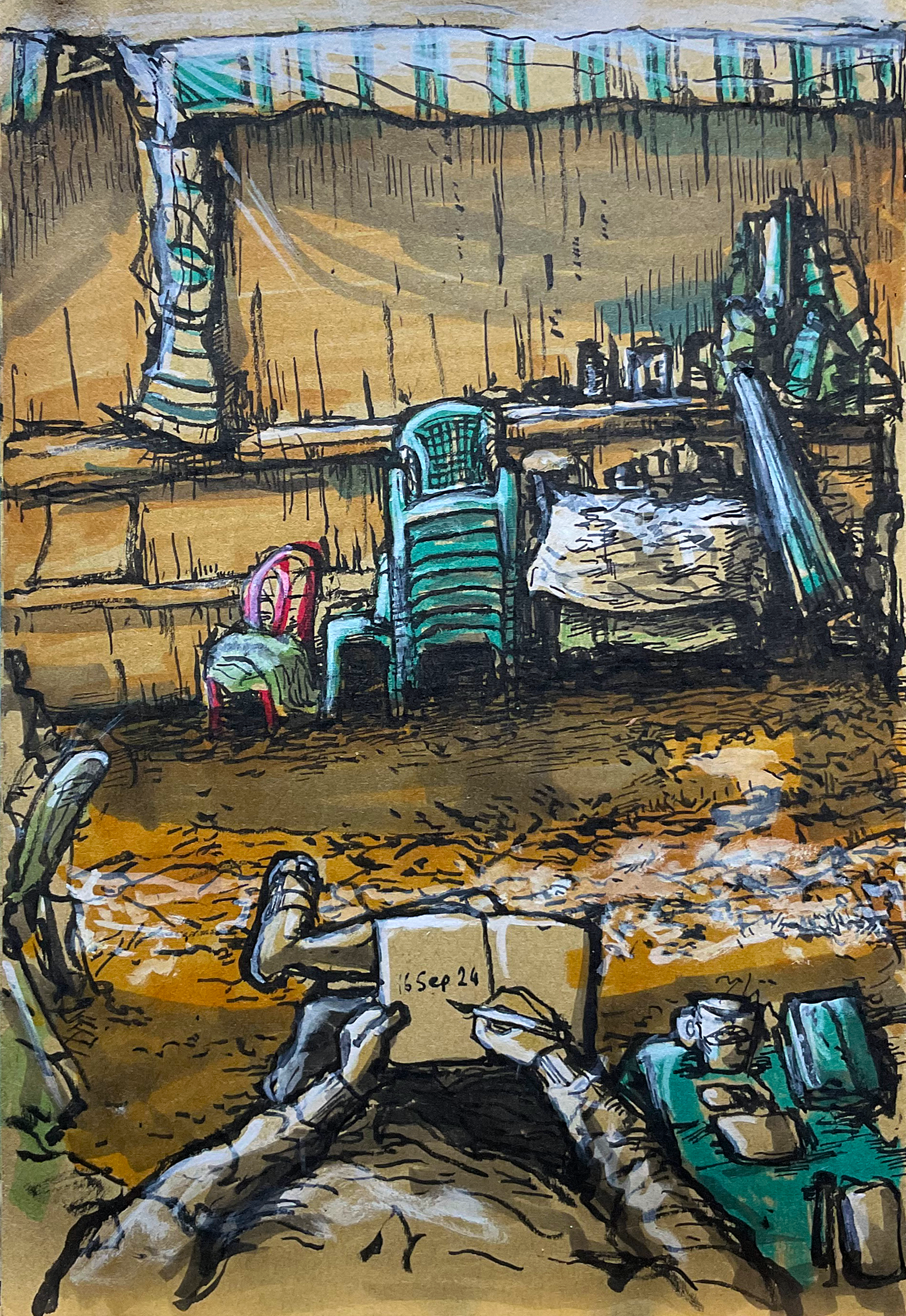 A little coffee shop tucked away in a dead-quiet Pasteur alley at noon, completely ignoring the chaos of traffic and the sun beating down after a week of relentless rain. The lady running the place is hunched over her lunchbox behind the drink cart, 