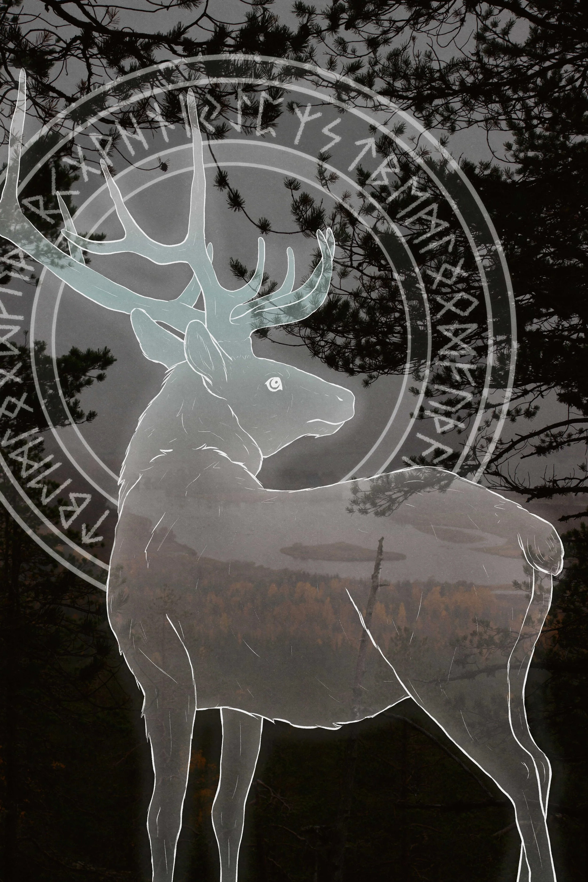 Riimut | Runes (2026)
Photograph from Aavasaksa.
Circling around the antlers are the Elder Futhark runes, repeating three times. I wanted to display all 24 runes rather than writing something.
