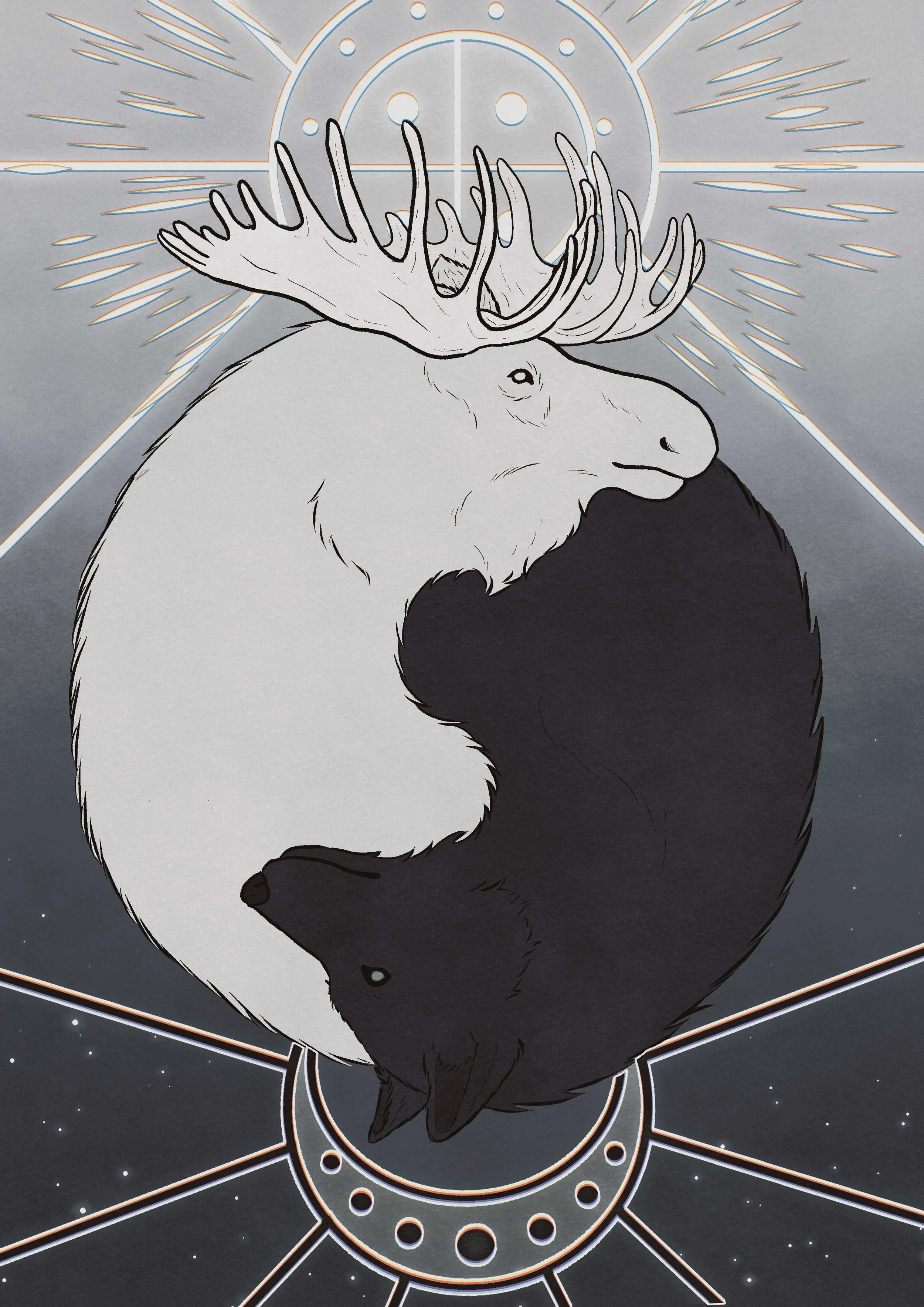Emo ja iso | Mother and Father (2026)
There are multiple depictions in cave paintings of moose or other antlered creatures carrying the sun on their antlers. I felt having a wolf as the counterpart and representative of the moon was a perfect balance