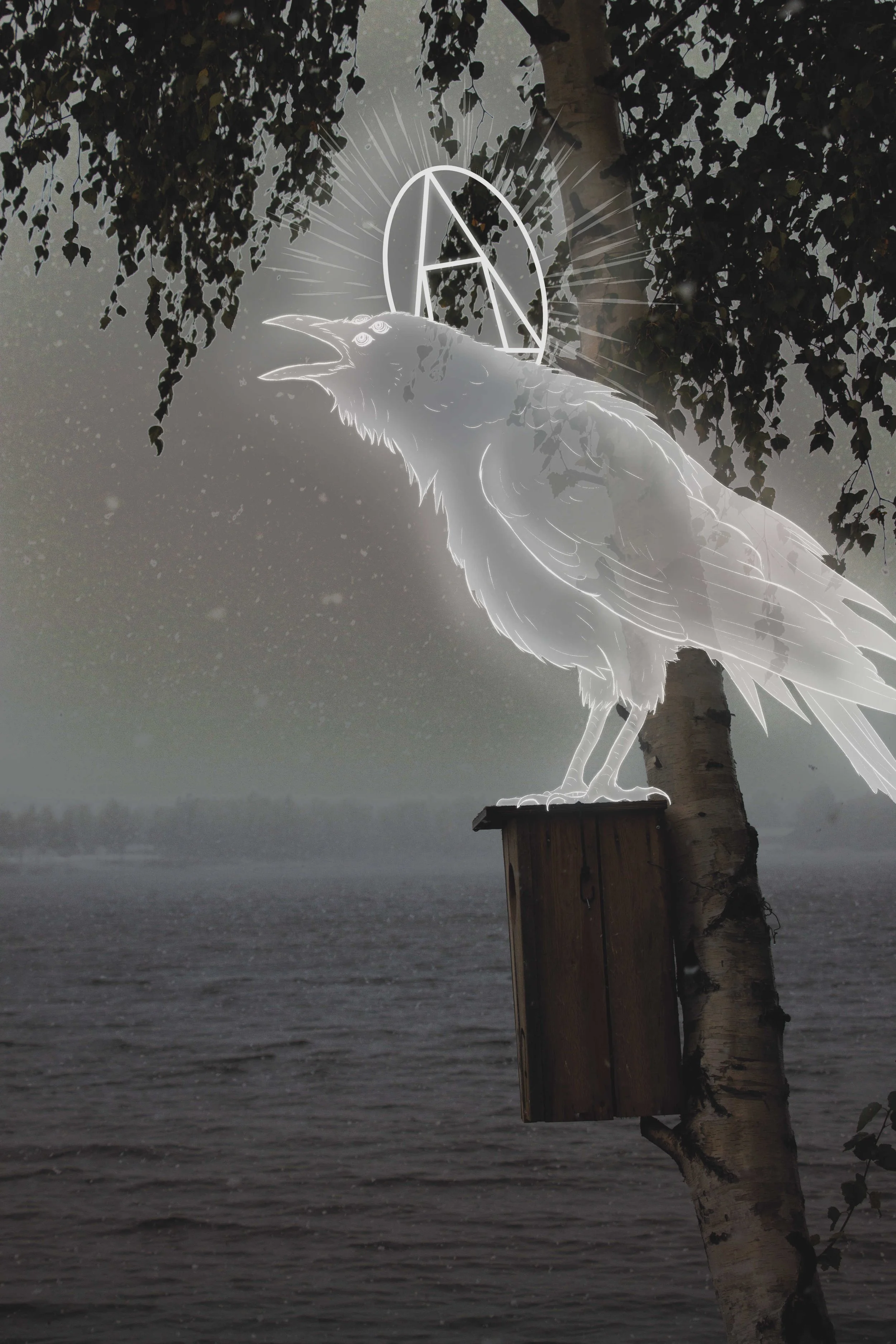 Korppi | Raven (2026)
Photograph from Tornio.
In many myths, ravens are symbols of wisdom, cunning, and knowledge. The raven has three eyes, also a common motif for esoteric knowledge or skill; behind its head is an alchemical symbol.