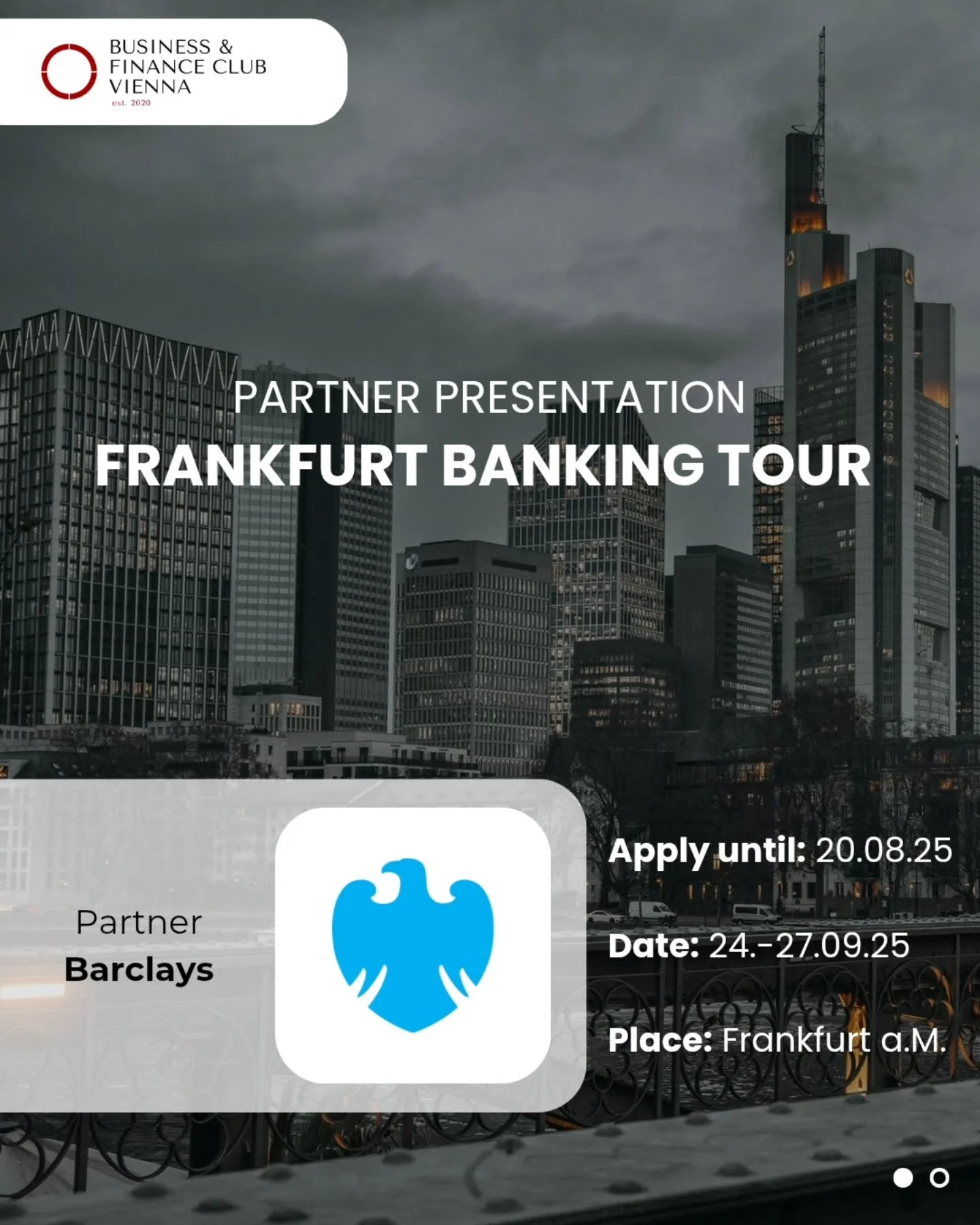 Next partner of our Frankfurt Banking Tour: Barclays.🤩
Barclays is a global financial institution with a purpose to help communities, individuals and businesses to thrive. We are looking forward to learn more about Investment Banking and Corporate