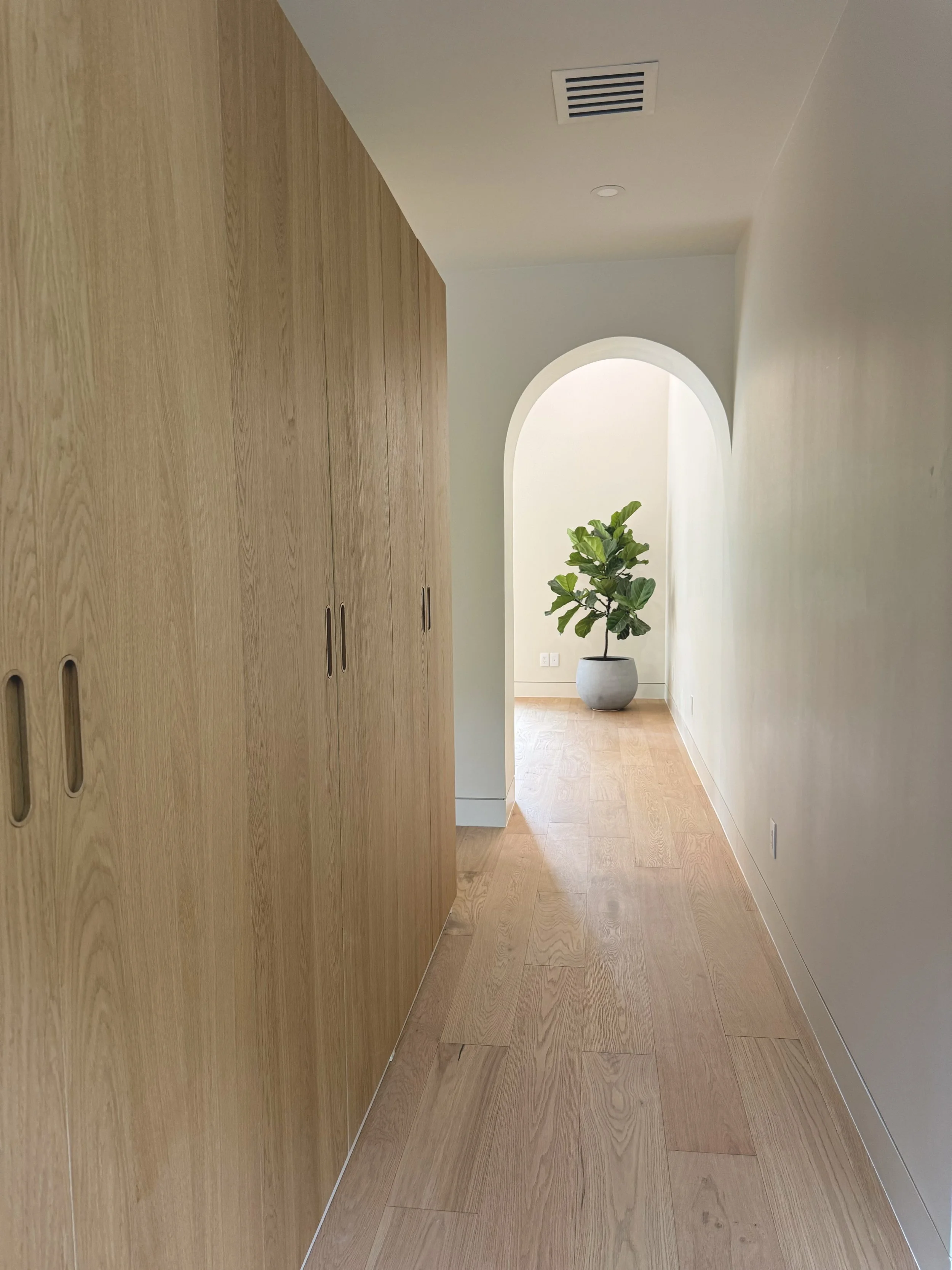 A hallway with wooden flooring and a large wooden closet on the left. At the end of the hallway, there is a potted plant with green leaves inside a rounded, white pot, situated in an arched alcove with white walls and light-colored flooring.