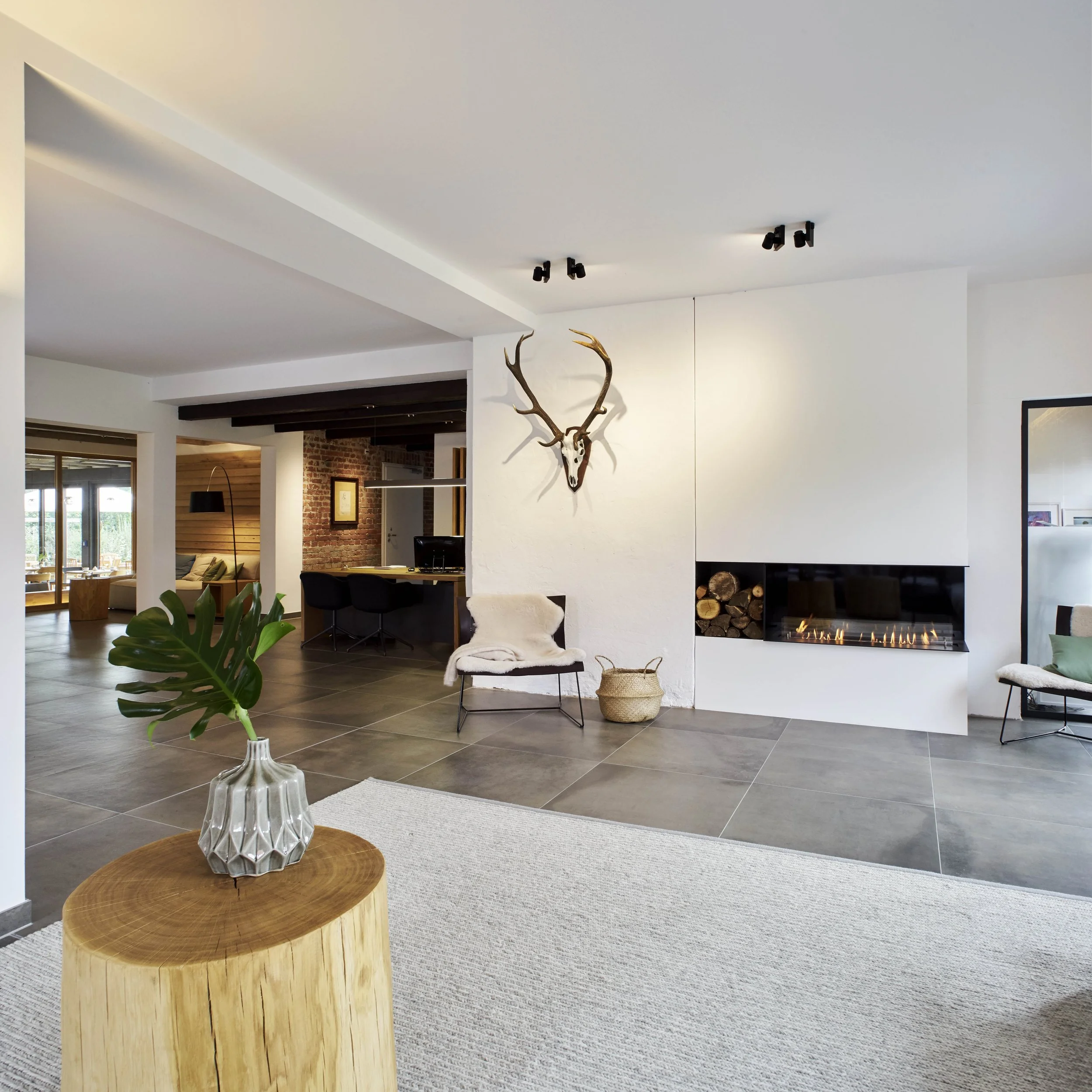Modern living room with a mounted deer skull and antlers on a white wall, a built-in fireplace with firewood nearby, minimalist chairs, a wooden side table with a vase and large green leaf, and other furniture and decor.