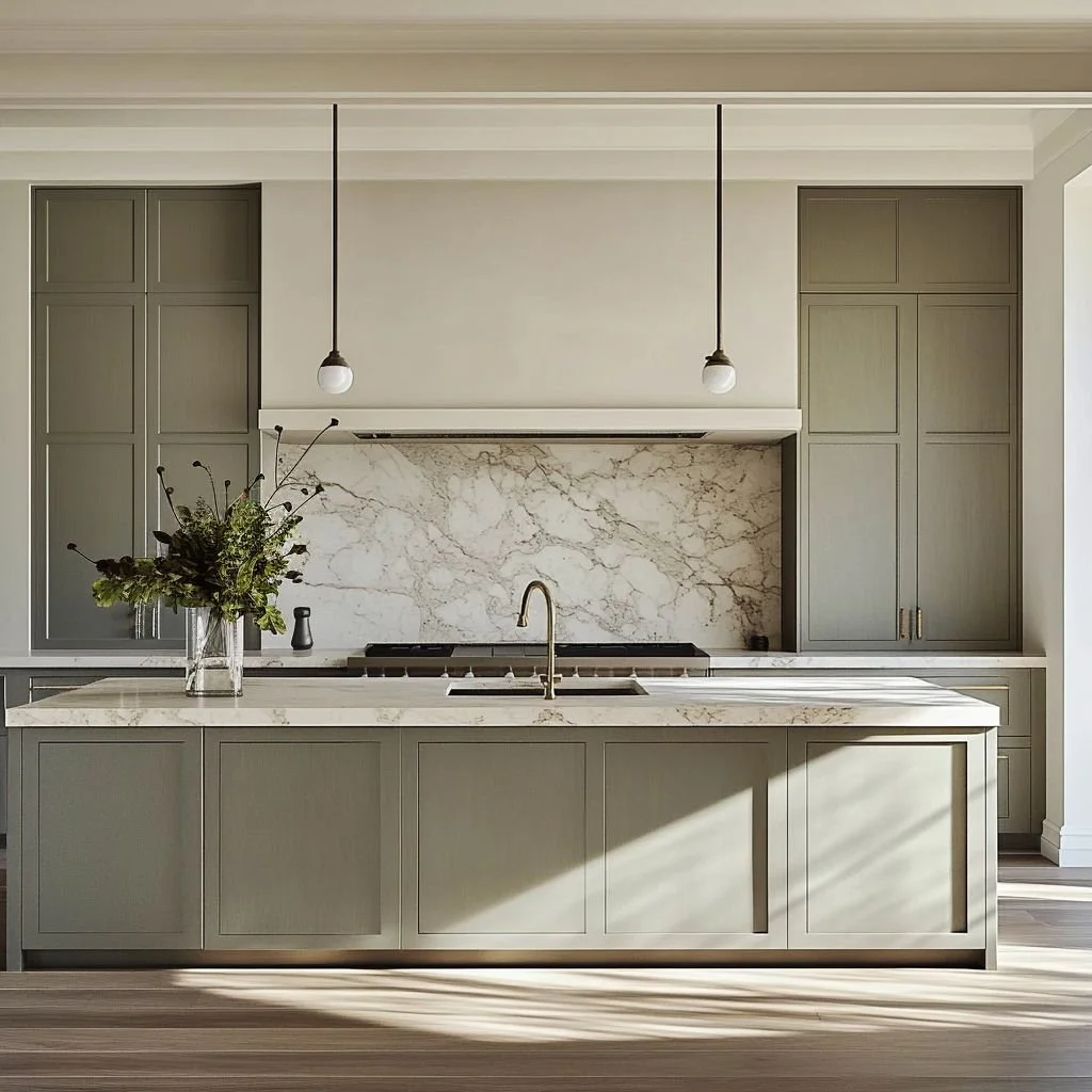 Modern kitchen with beige cabinets, marble backsplash, and a large marble island with a sink. Hanging pendant lights and a vase with flowers on the island. Desginer kitchen in melbourne volume builder custom home.