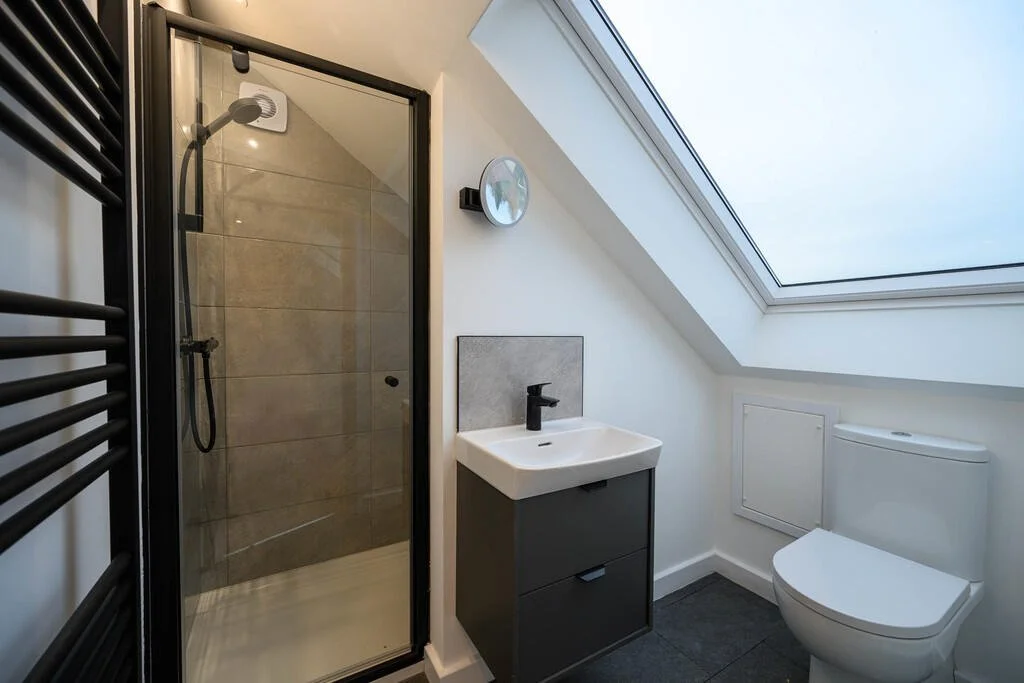 Merritt Estates. Small modern bathroom with a shower stall, a white sink with black faucet, a toilet, and a large skylight window on the sloped ceiling.