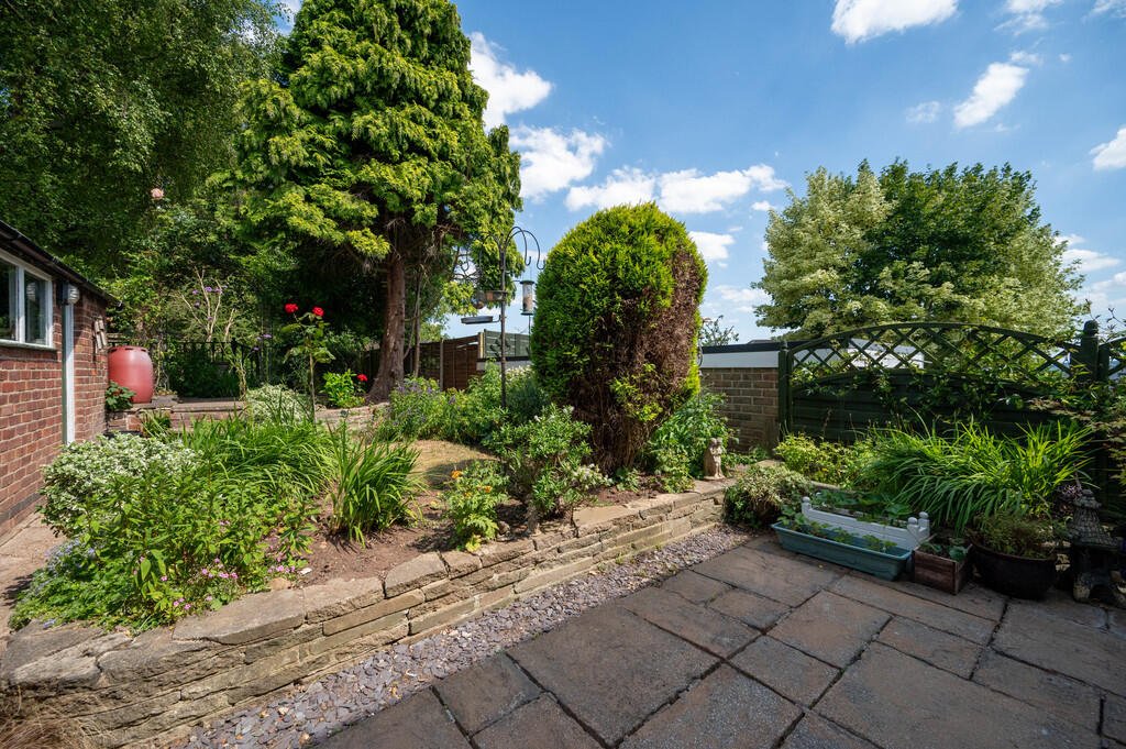 A backyard garden scene with various green plants, trees, and shrubs, a brick patio, a wooden fence with a gate, and a blue sky with scattered clouds.
