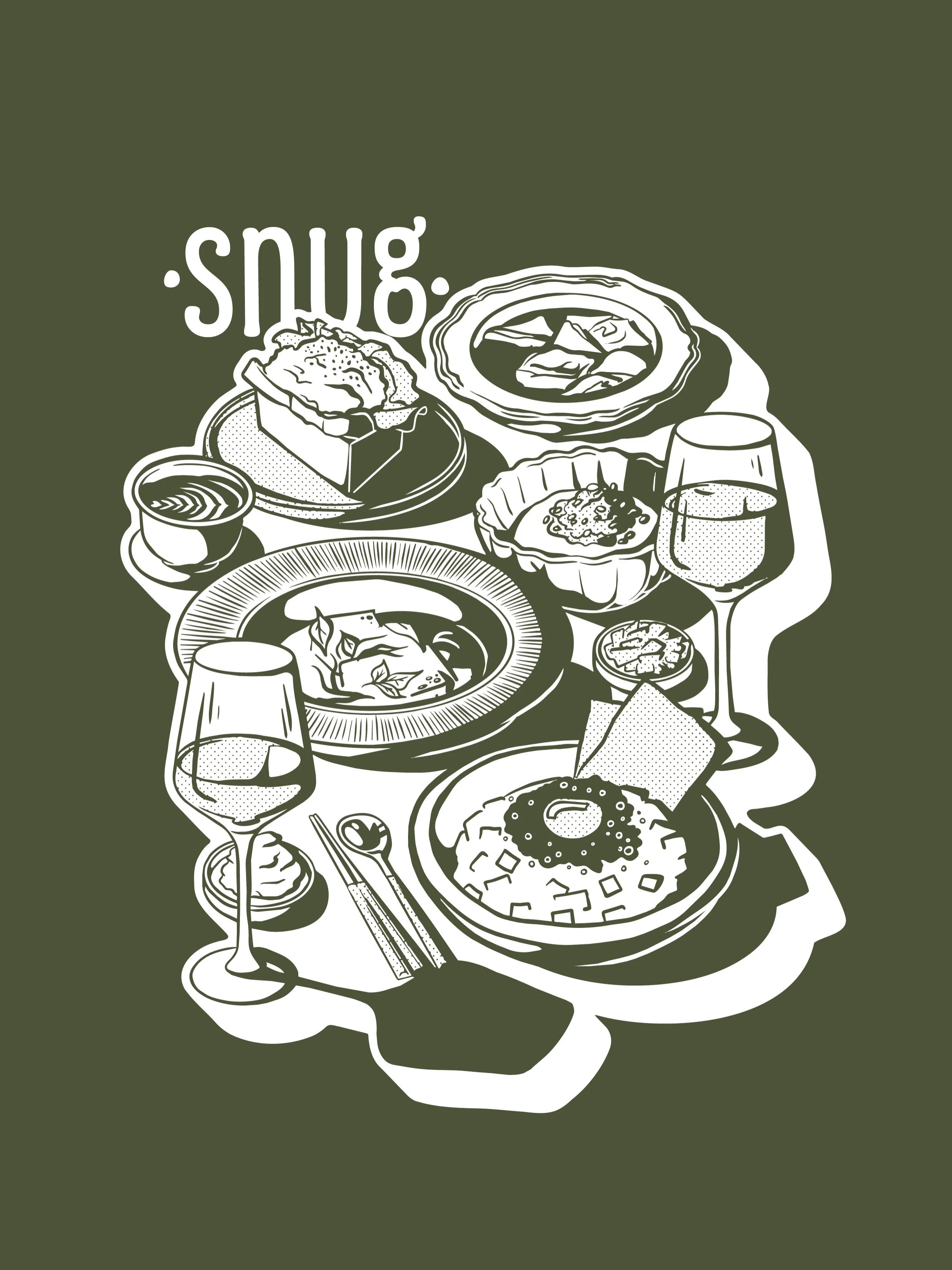 When lunch was so good, you had to put it in a t-shirt 🍜🍛🍞

Illustration/ merch concept for the cosy @snug.bne 
Really enjoyed arranging these dishes into the perfect flat lay - my friends who love a good table happy snap, I hope you&rsquo;re prou