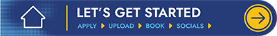 Navigation menu with options to apply, upload, book, socials, and a yellow arrow button