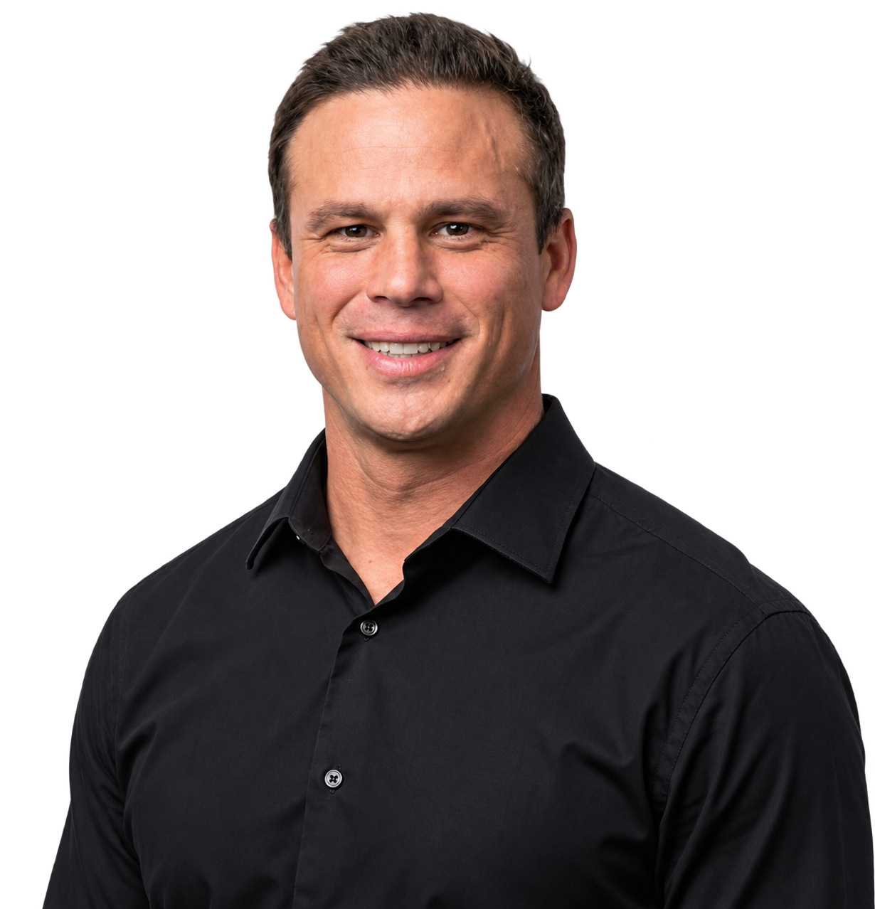 Portrait of a smiling man with brown hair, wearing a black collared shirt, against a plain background.