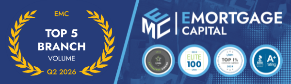 EMC Mortgage Capital award banner celebrating top 5 branch volume in Q2 2026 with logos of awards and recognitions.