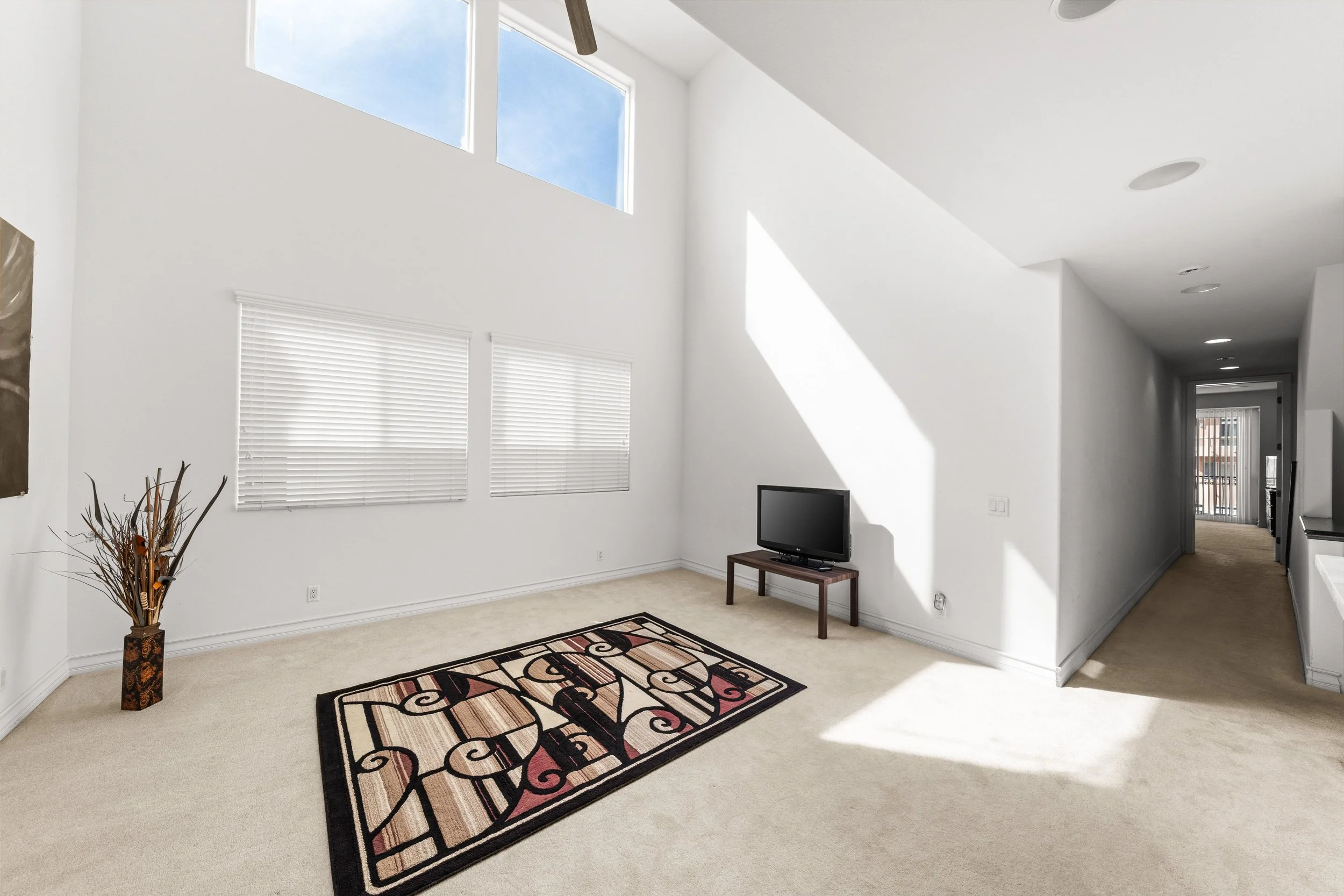 Bright living room with white walls, high ceiling, large windows, a patterned area rug, a small TV on a wooden stand, and a decorative vase with branches.