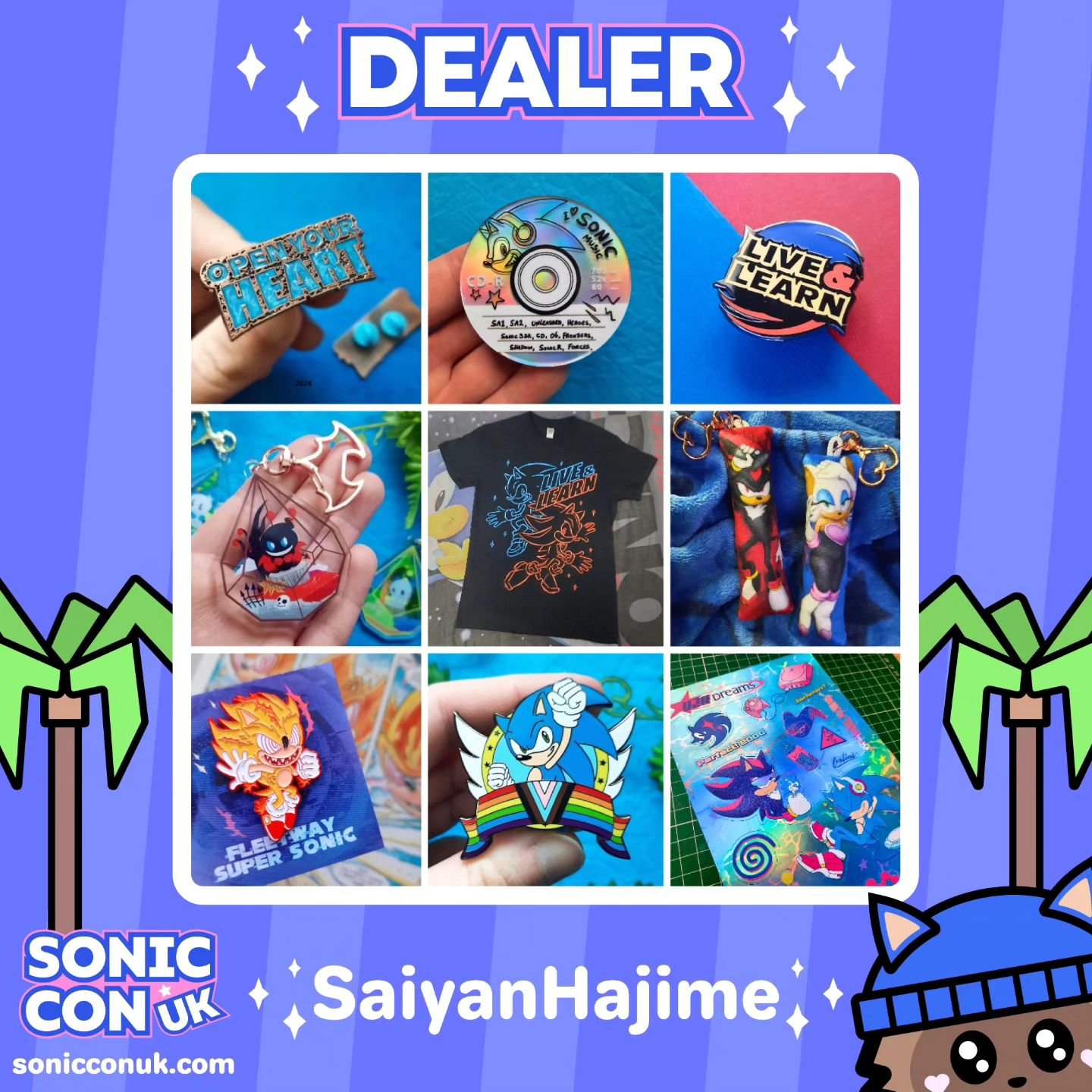 Dealer announcement! 💙🎉 We're excited to welcome @saiyanhajime to Sonic Con UK! 💙🎉 Swipe across to check out their amazing work! They will be selling a variety of enamel pins, keychains, t-shirts, dakis, stickers and more! 💙

#sonicthehedgehog #