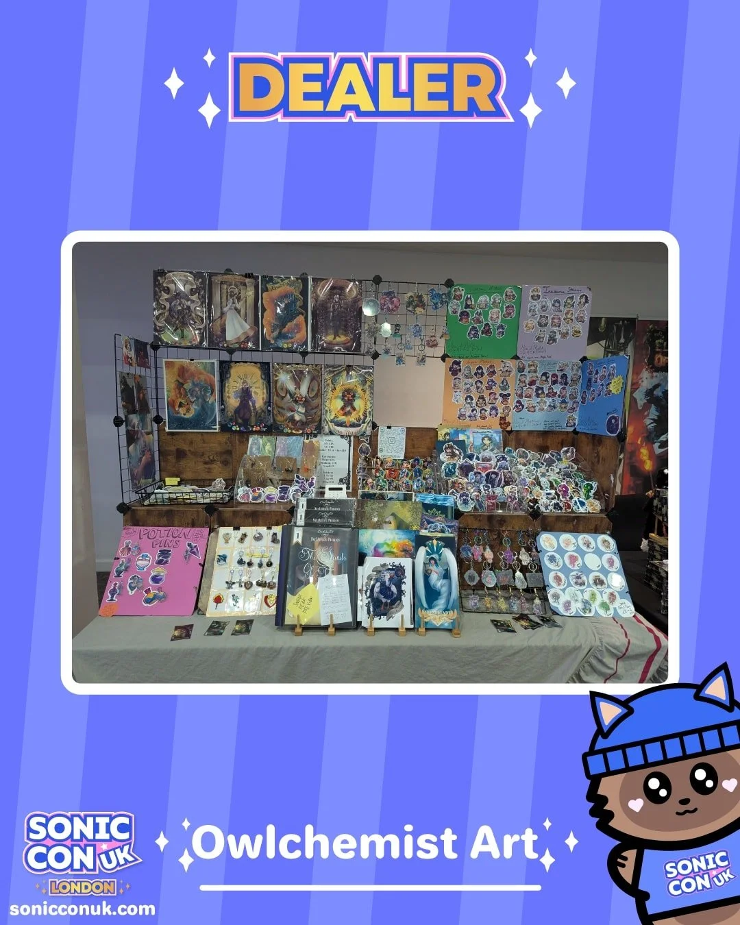 Dealer announcement! 🎉 We're excited to welcome @owlchemistart to Sonic Con UK London! 💙 They will be selling a variety of prints, stickers and more! 

#sonicthehedgehog #shadowthehedgehog #sonic #sonicfan #sonicfanart #sonicconvention #sonicconuk