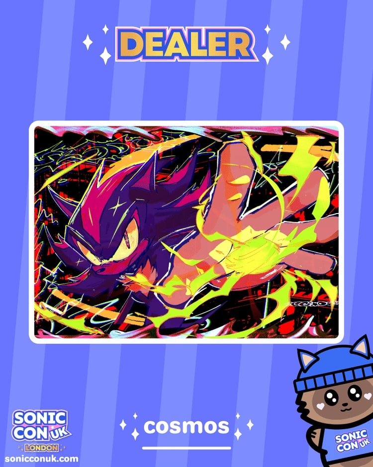 Dealer announcement! 🎉 We're excited to welcome cosmos to Sonic Con UK London! 💙 

#sonicthehedgehog #shadowthehedgehog #sonic #sonicfan #sonicfanart #sonicconvention #sonicconuk