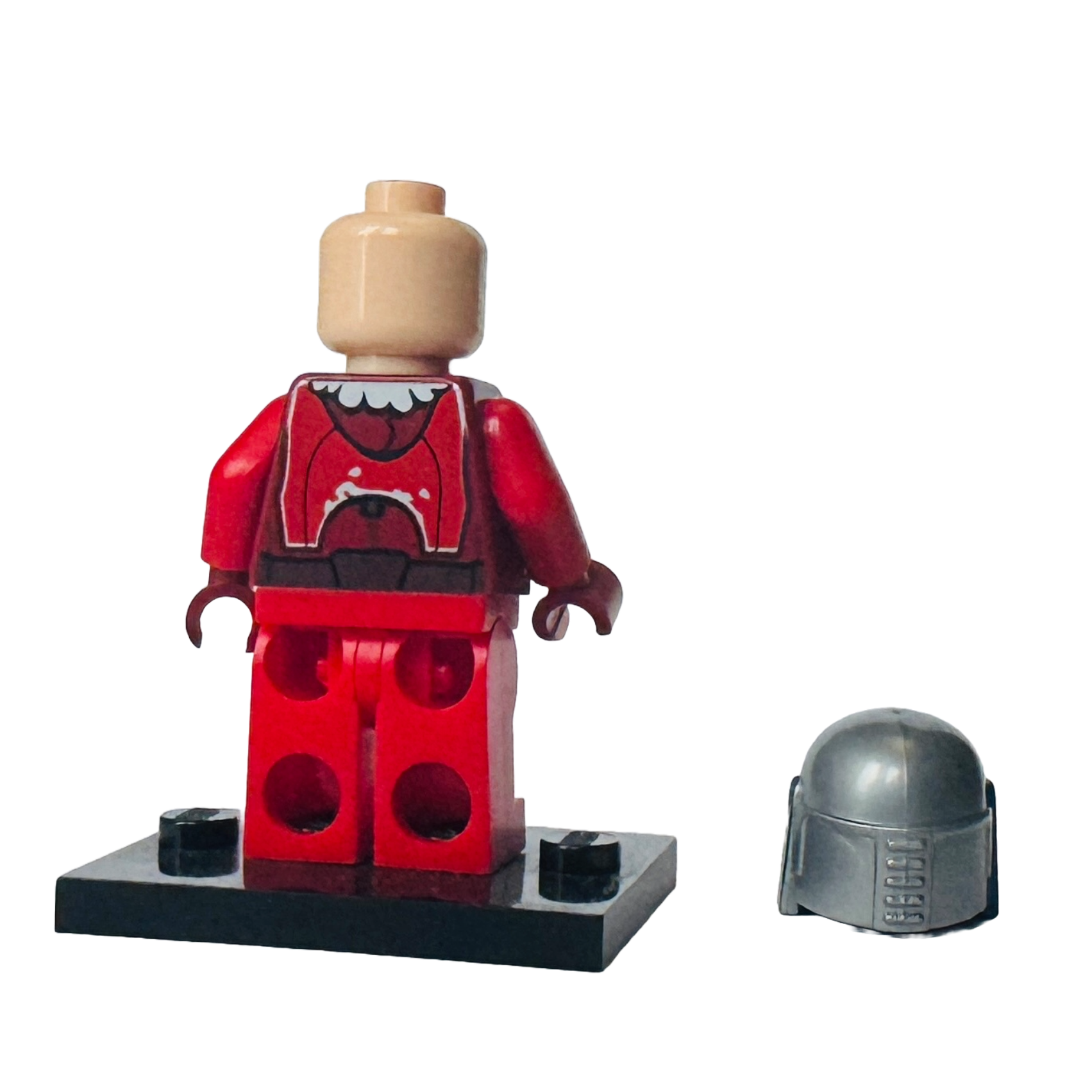Rear view of LEGO Santa Jango Fett Minifigure (sw0506) with helmet removed, highlighting back torso details.