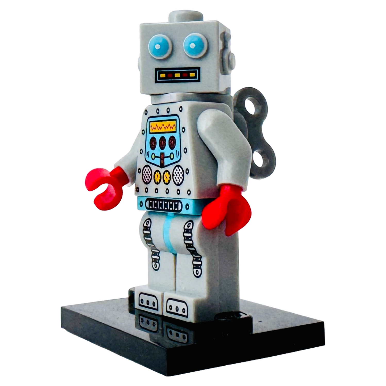 Front view of LEGO Clockwork Robot Minifigure (col087), showcasing colourful retro detailing and red claw hands.