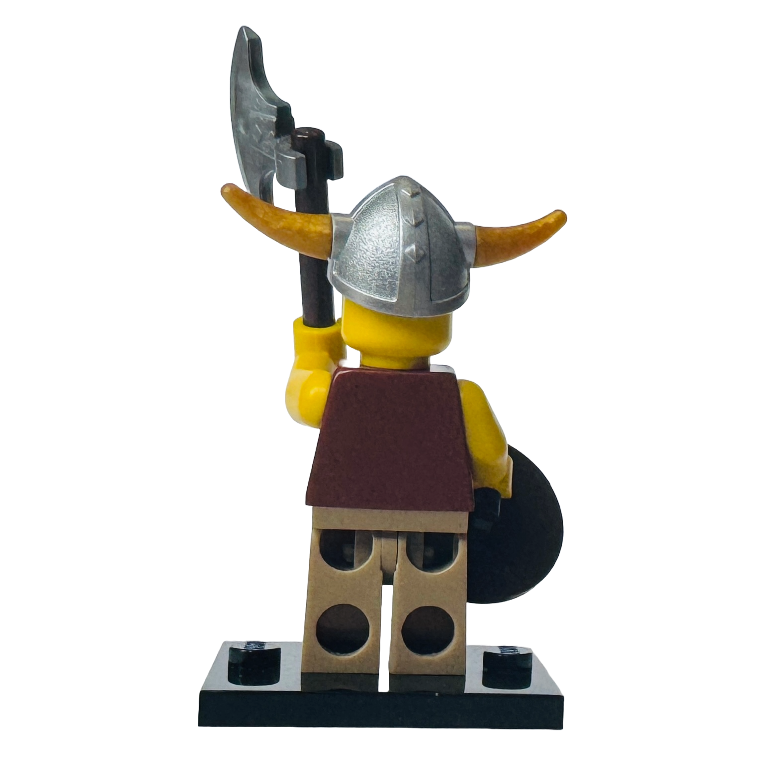 LEGO Viking Minifigure (col054) from Series 4, showcasing detailed armour, horned helmet, and equipped with a battle axe and round shield.