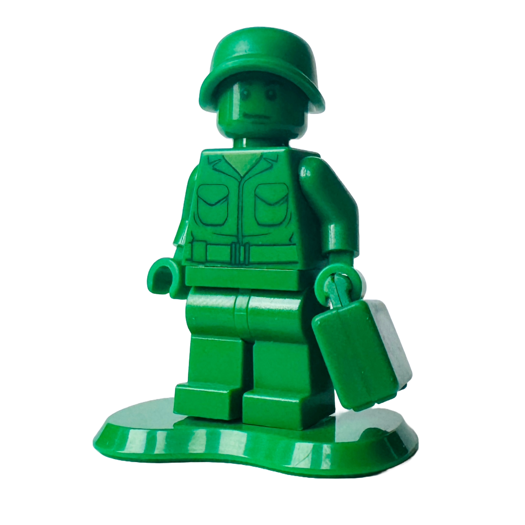 2.	Front view of LEGO Green Army Man soldier holding a briefcase.