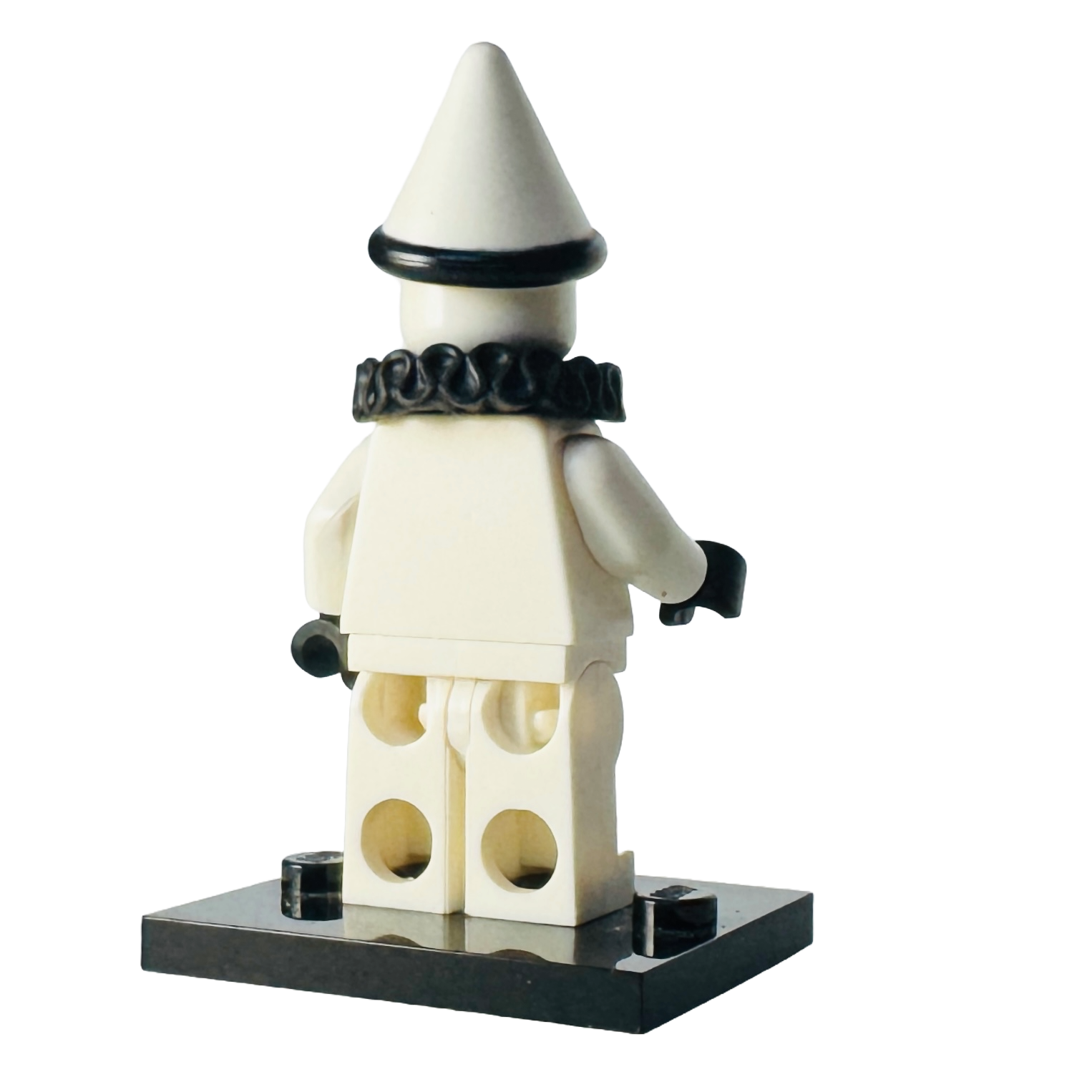 LEGO Sad Clown Minifigure (col155) posed with conical hat and ruffled collar, highlighting detailed printing.