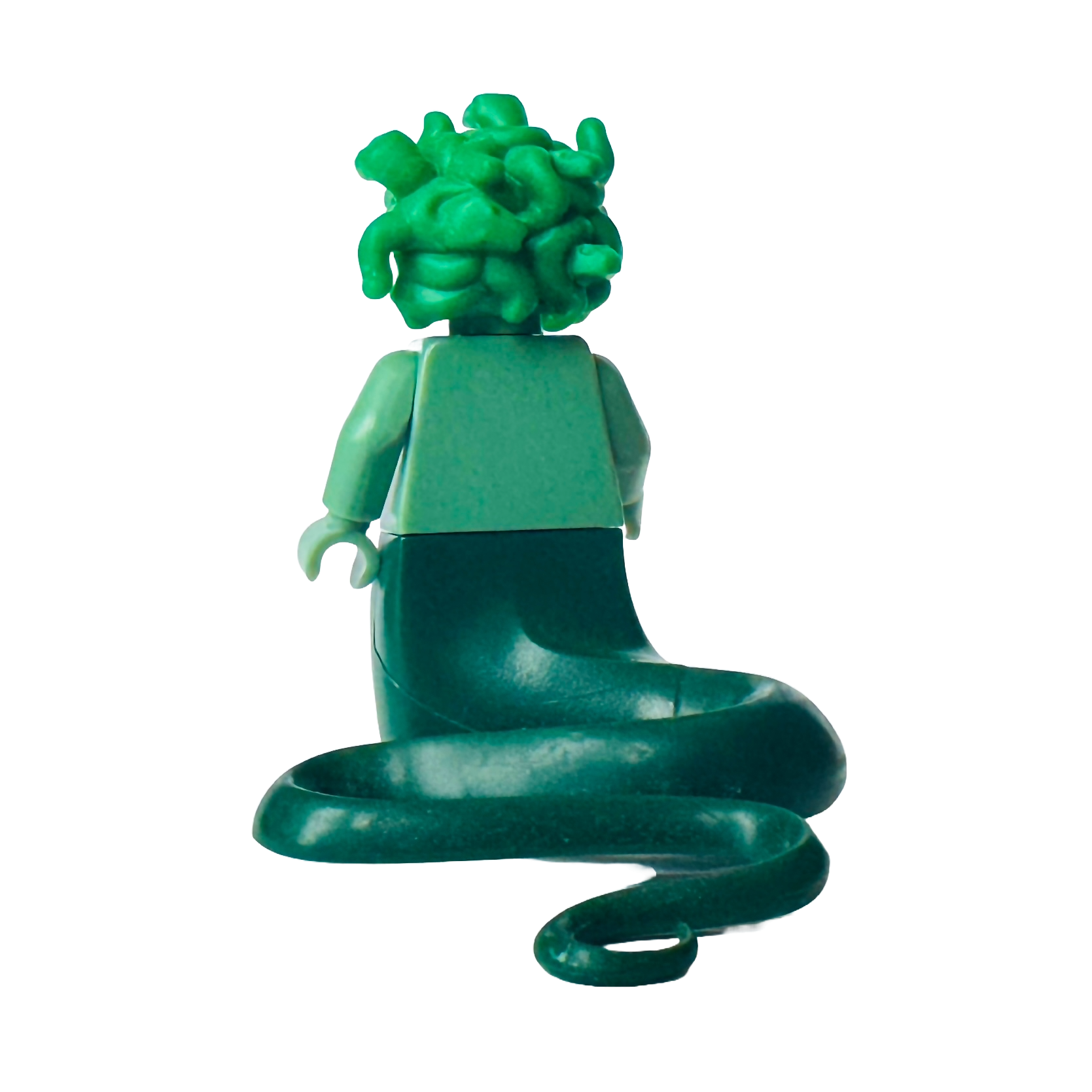 LEGO Medusa Minifigure (col146) from Series 10, showcasing a snake-like tail, scaly torso, serpentine hair, and a fierce expression, embodying the mythical Gorgon