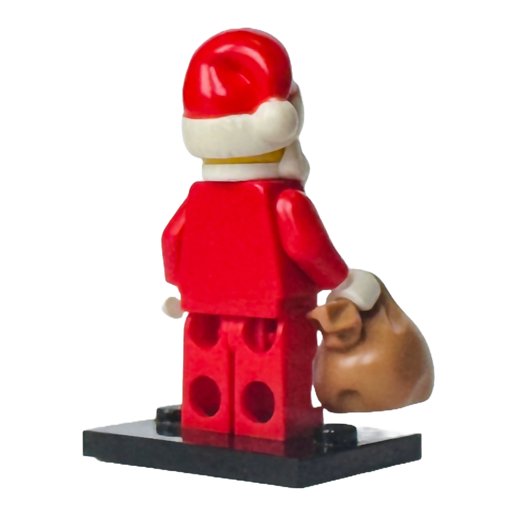 LEGO Santa Minifigure (col122) from Series 8, featuring a red suit with white trim, long white beard, red hat with white pom-pom, and holding a brown sack.