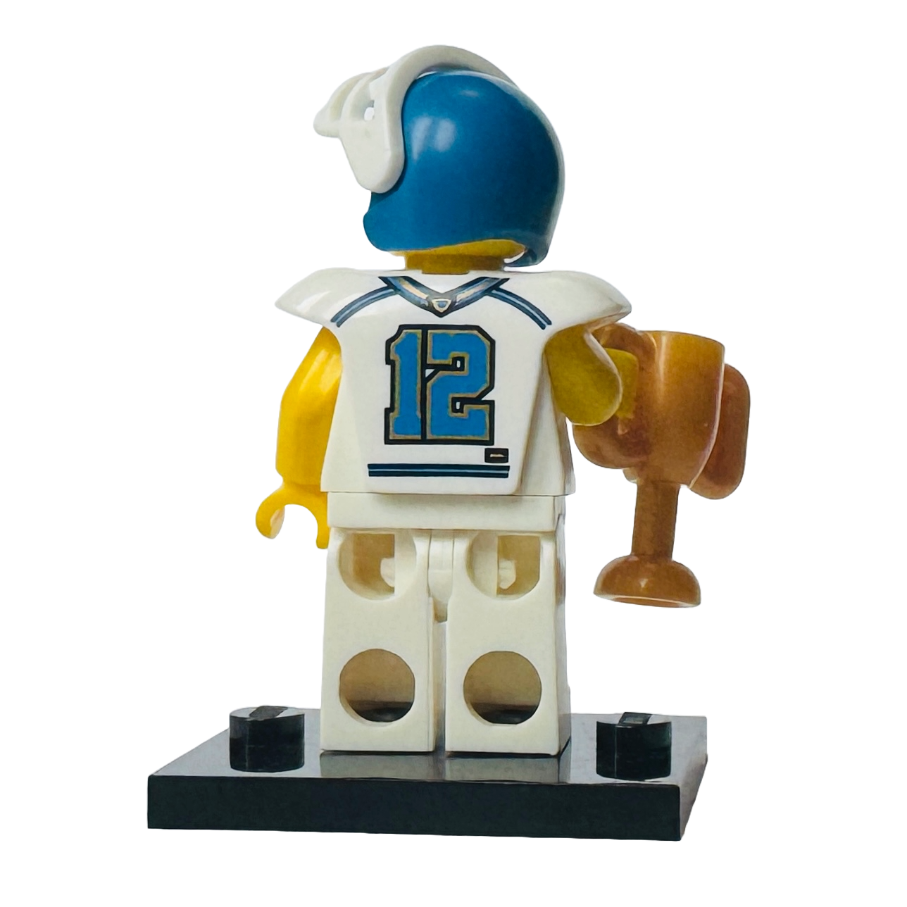 Rear of LEGO Collectible Minifigures Series 8 Football Player col117, wearing a blue and white jersey number 12 and holding a golden trophy.