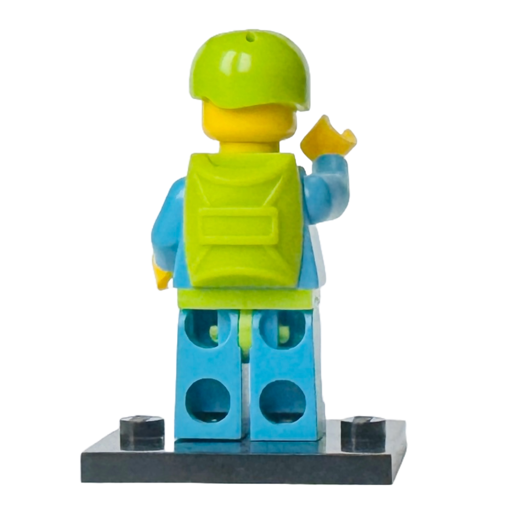 2.	Rear view highlighting the lime-green parachute backpack accessory of LEGO Skydiver Minifigure (col150).