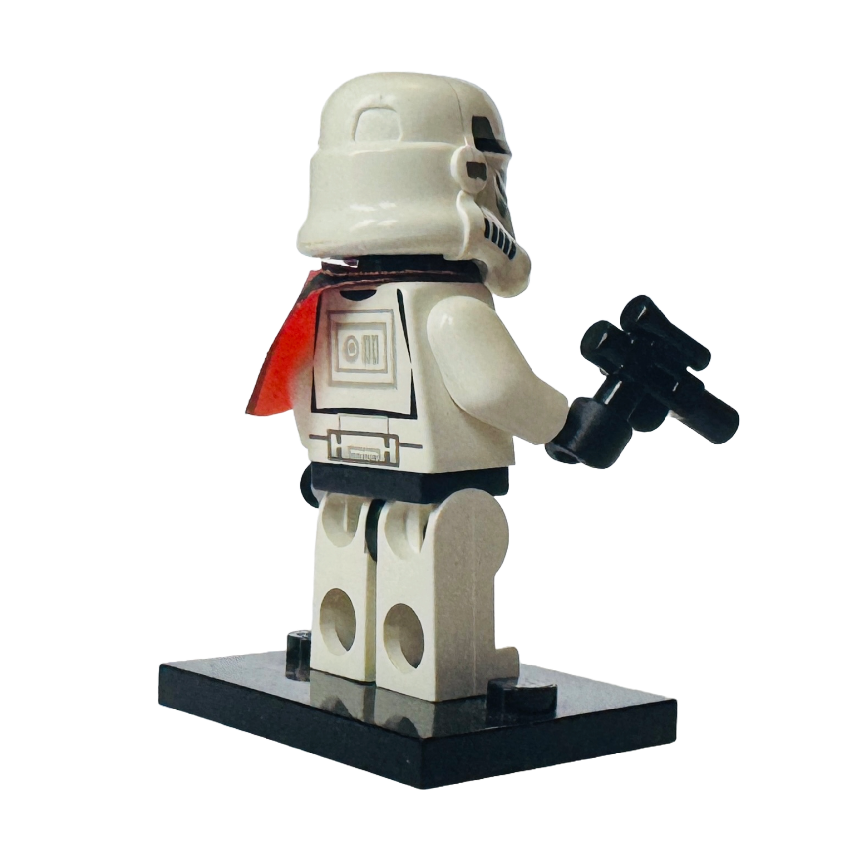 2.	Rear view of LEGO Sandtrooper Minifigure (sw0199) highlighting the detailed back armour printing and red pauldron.