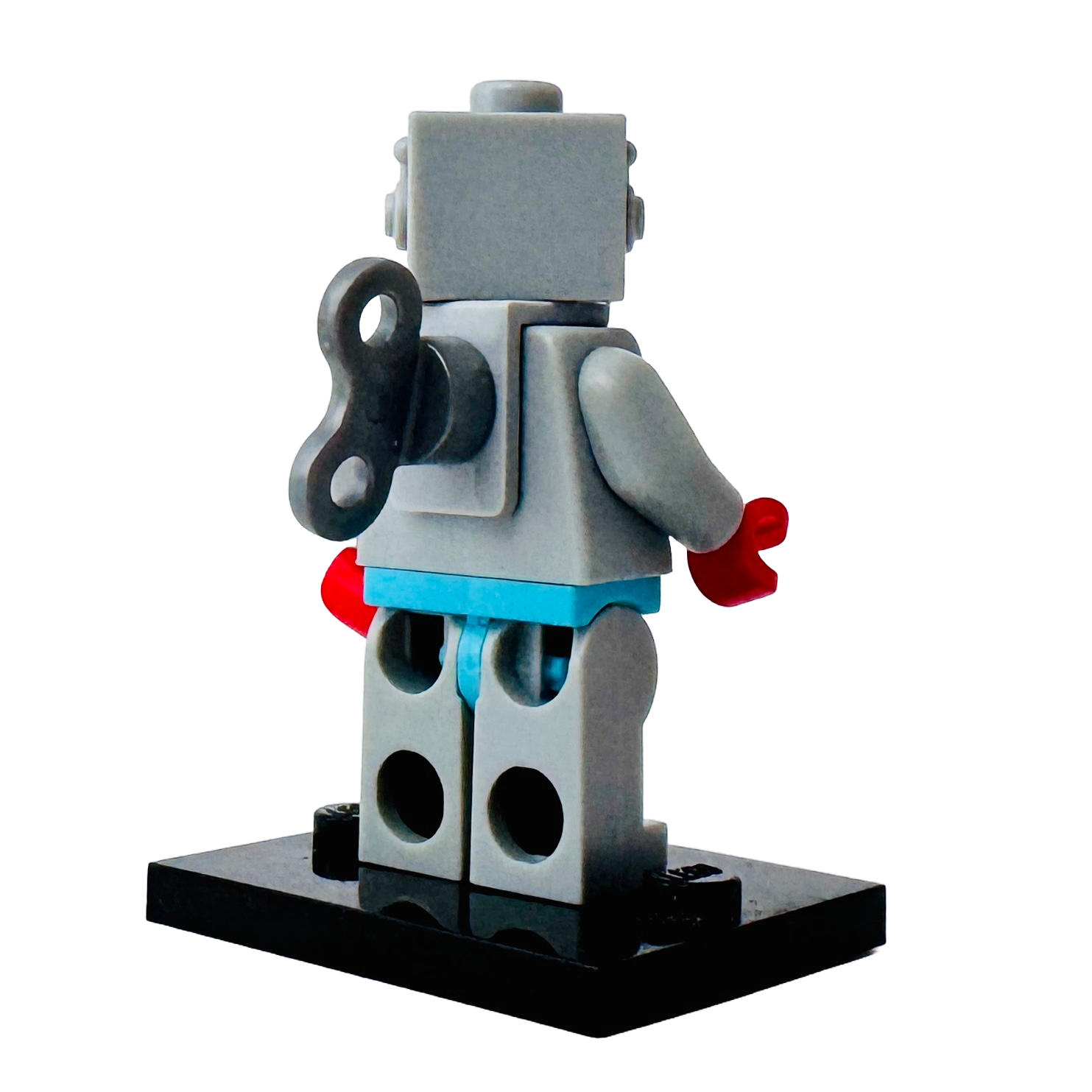 Rear view of LEGO Clockwork Robot Minifigure (col087) highlighting the classic wind-up key accessory.