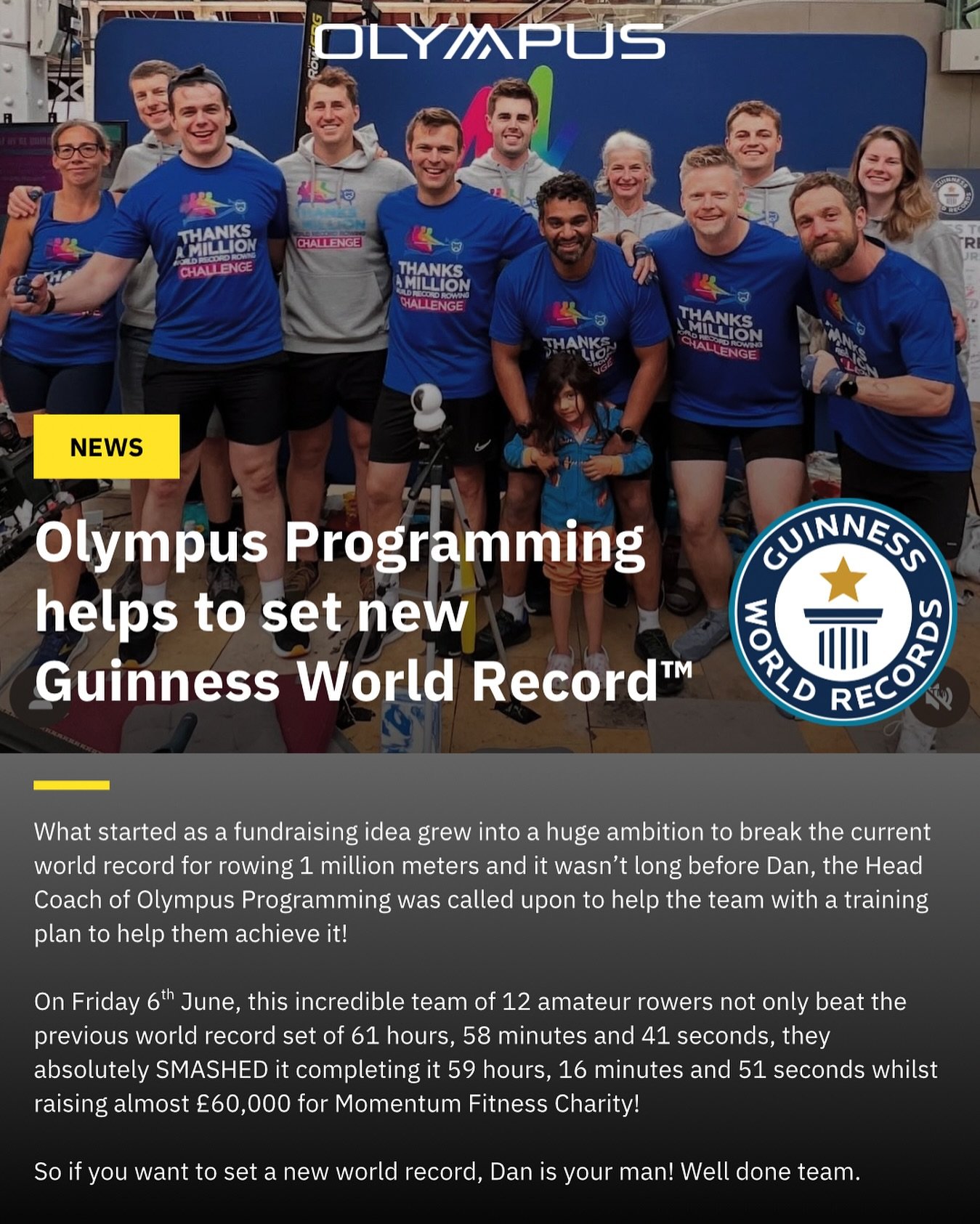 Olympus helps to set new Guinness World Record&trade;!

Head Coach of Olympus Programming @made.by.mayes has been working hard behind the scenes with a unique programming focus&hellip; an attempt to break the world record for rowing 1 million meters 