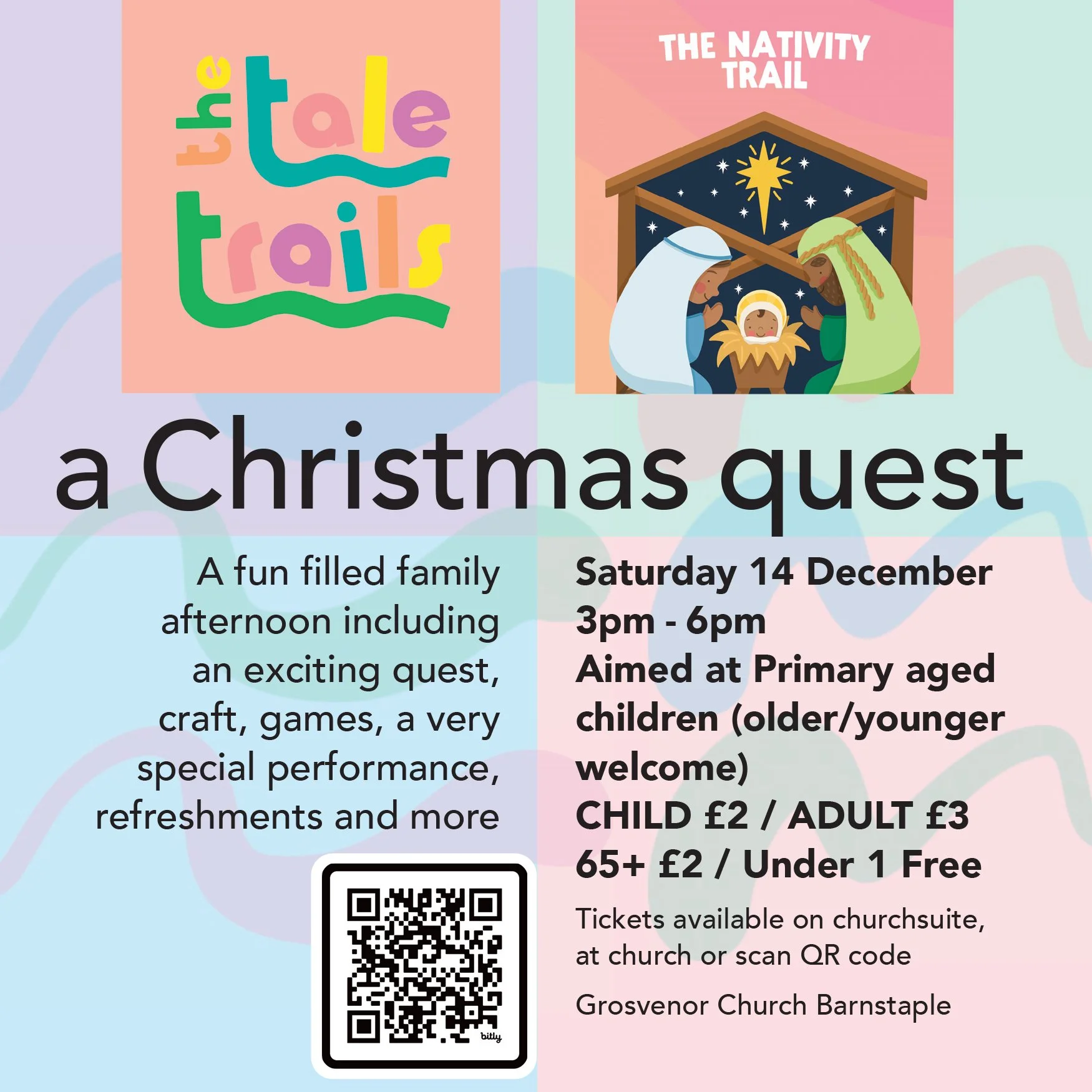 Join us on Saturday 14th December for 'THE TALE TRAIL - A CHRISTMAS QUEST'. 
A fun filled family afternoon including an exciting quest, craft, games, a very special performance, refreshments and much more.

Aimed at Primary aged children (older/young