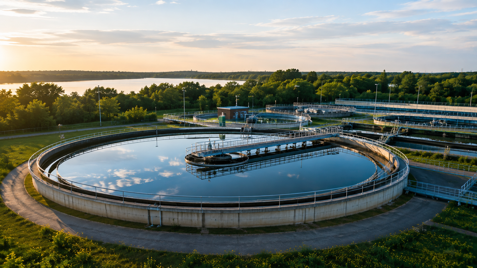 Wide aerial shot of the circular clarifiers and aeration tanks under a clear sky, bordered by lush green trees, representing sustainable infrastructure