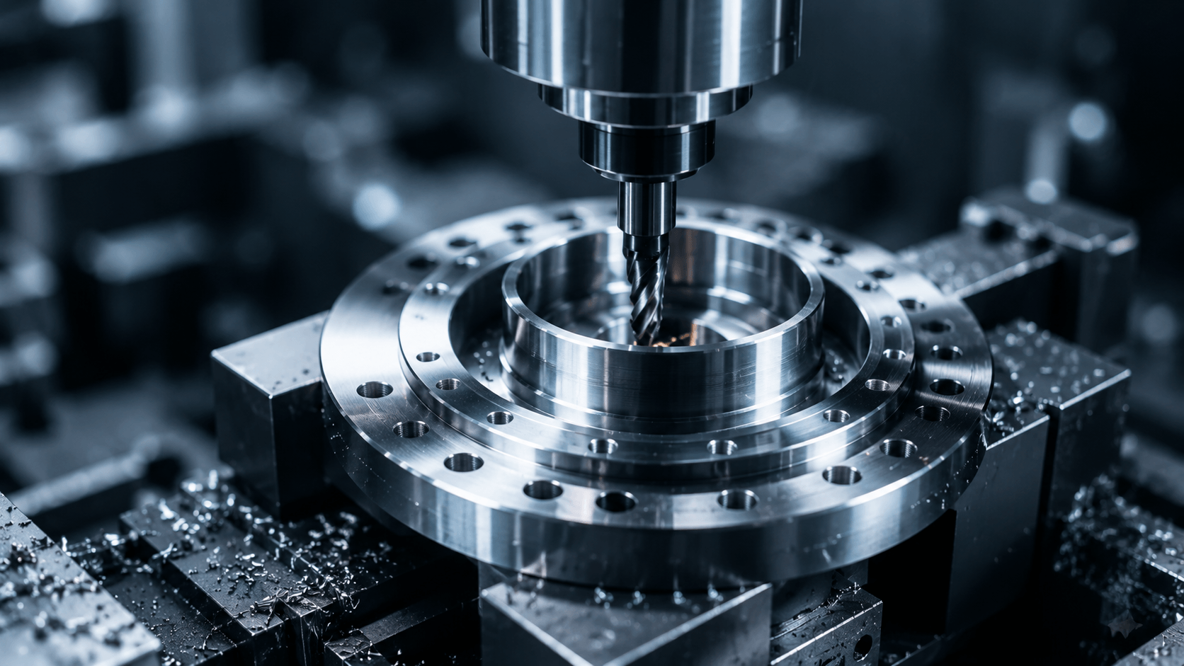 Extreme close-up, high-definition shot of a complex CNC milling machine in operation